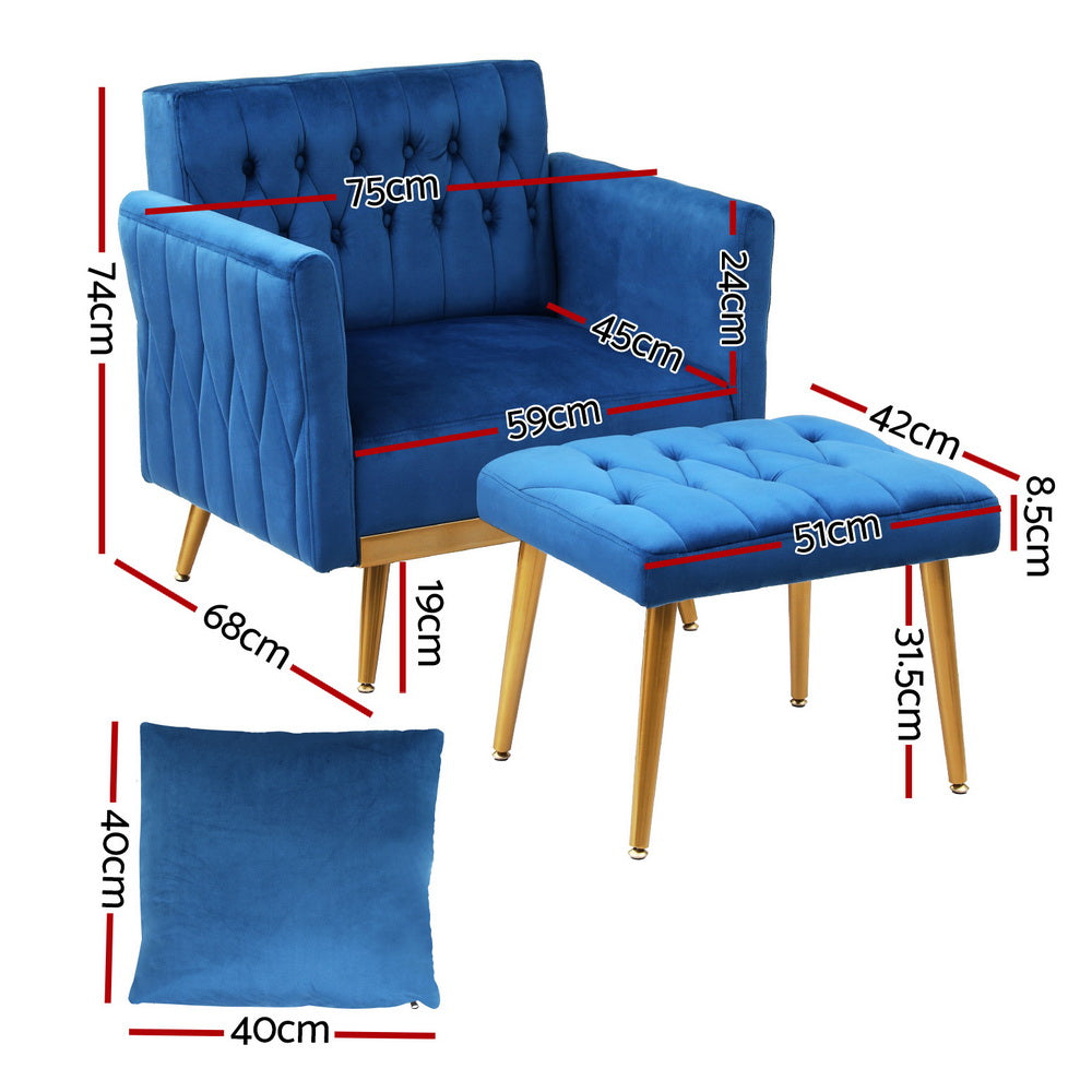Artiss Velvet Armchair Ottoman Set Blue
