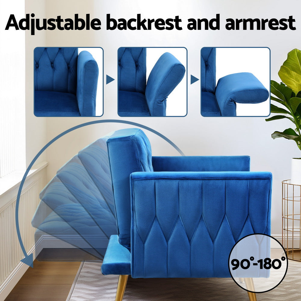 Artiss Velvet Armchair Ottoman Set Blue