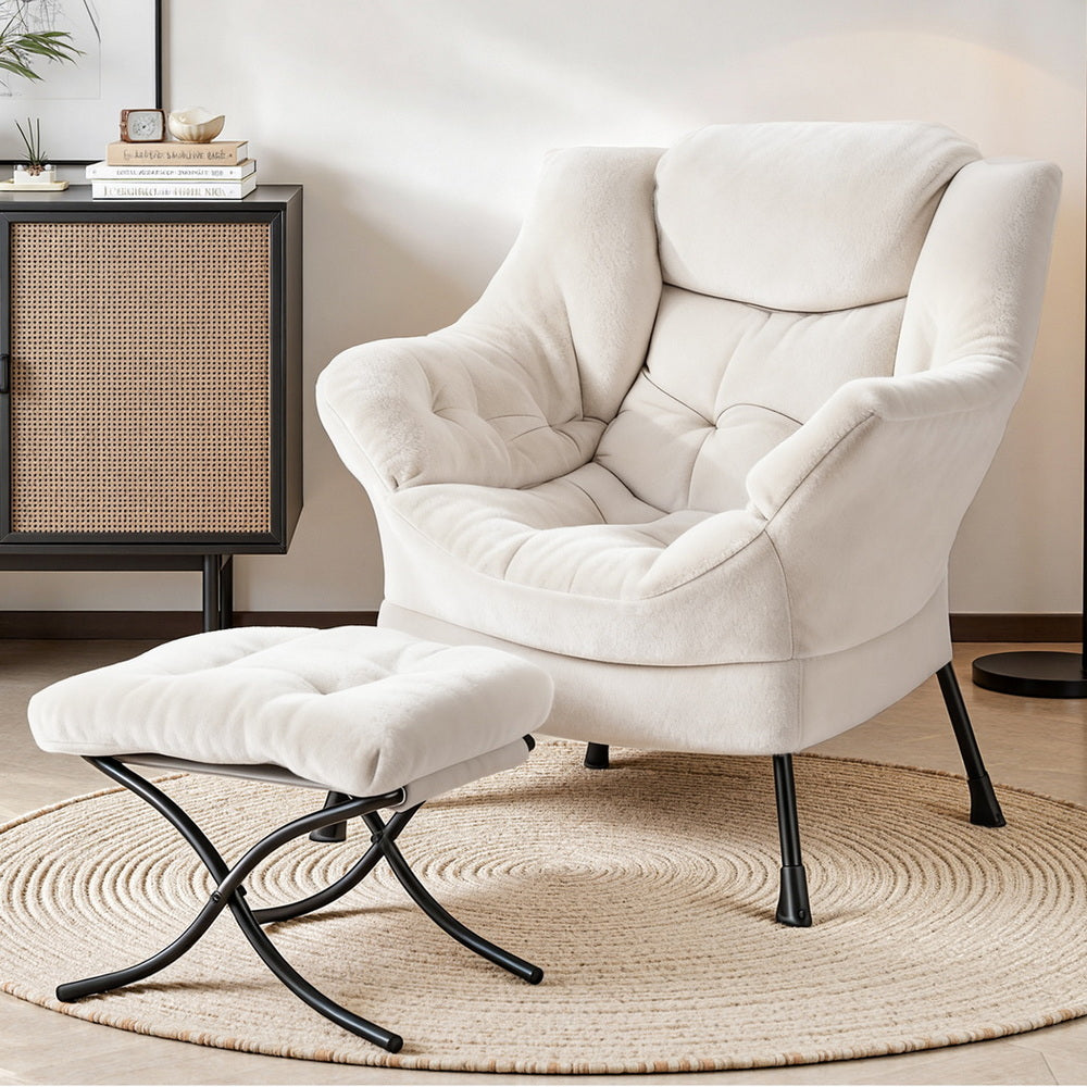 Artiss Velvet Accent Armchair with Ottoman Footrest White