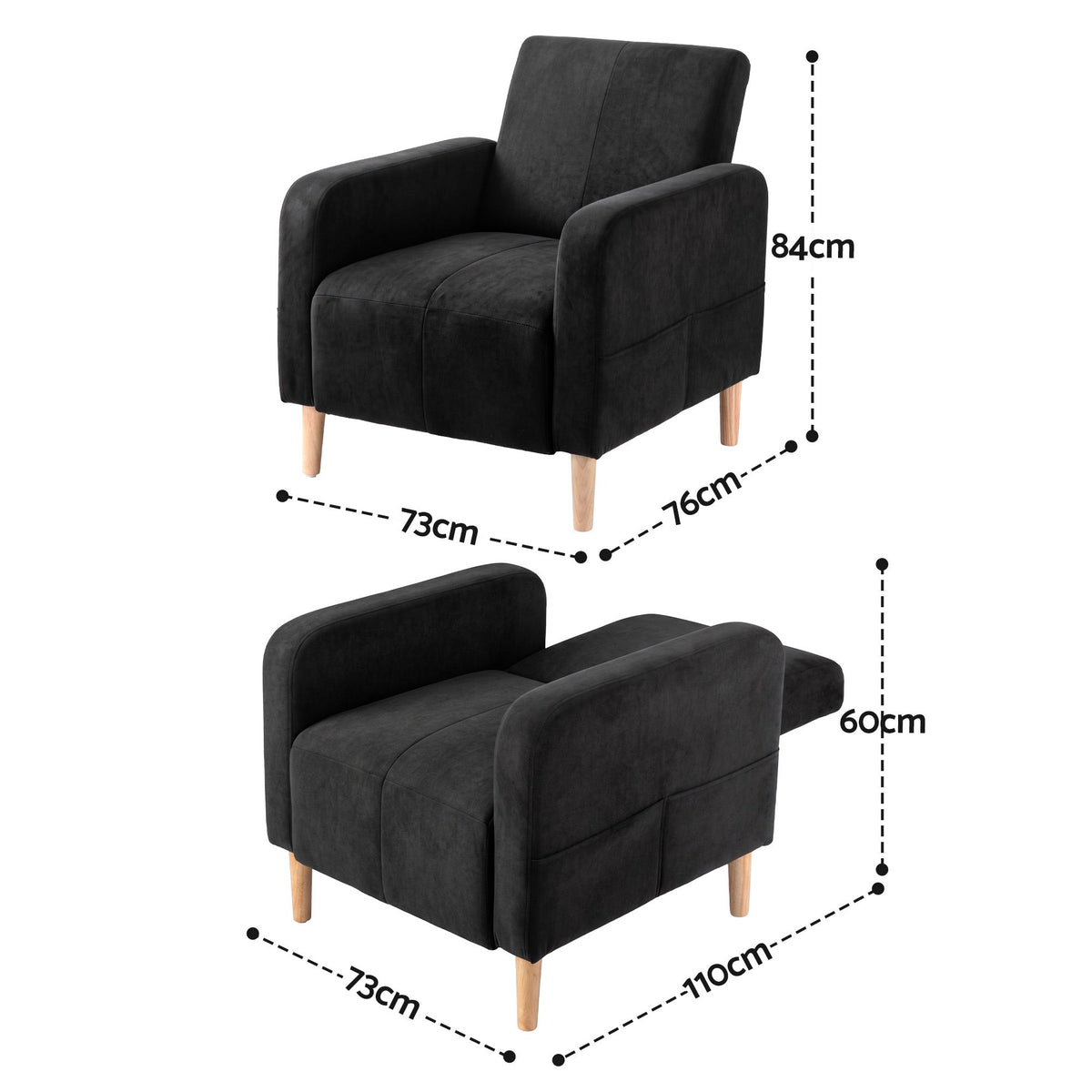 Artiss Reclining Armchair Velvet Sofa Bed Daybed Chair Single Chair Black