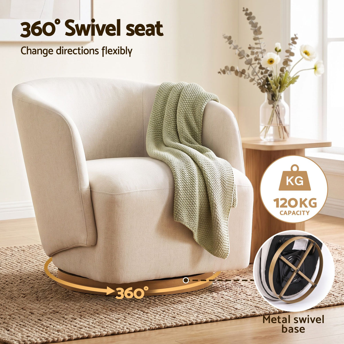 Artiss Swivel Armchair 360° Curved Accent Chair Linen Fabric Beige