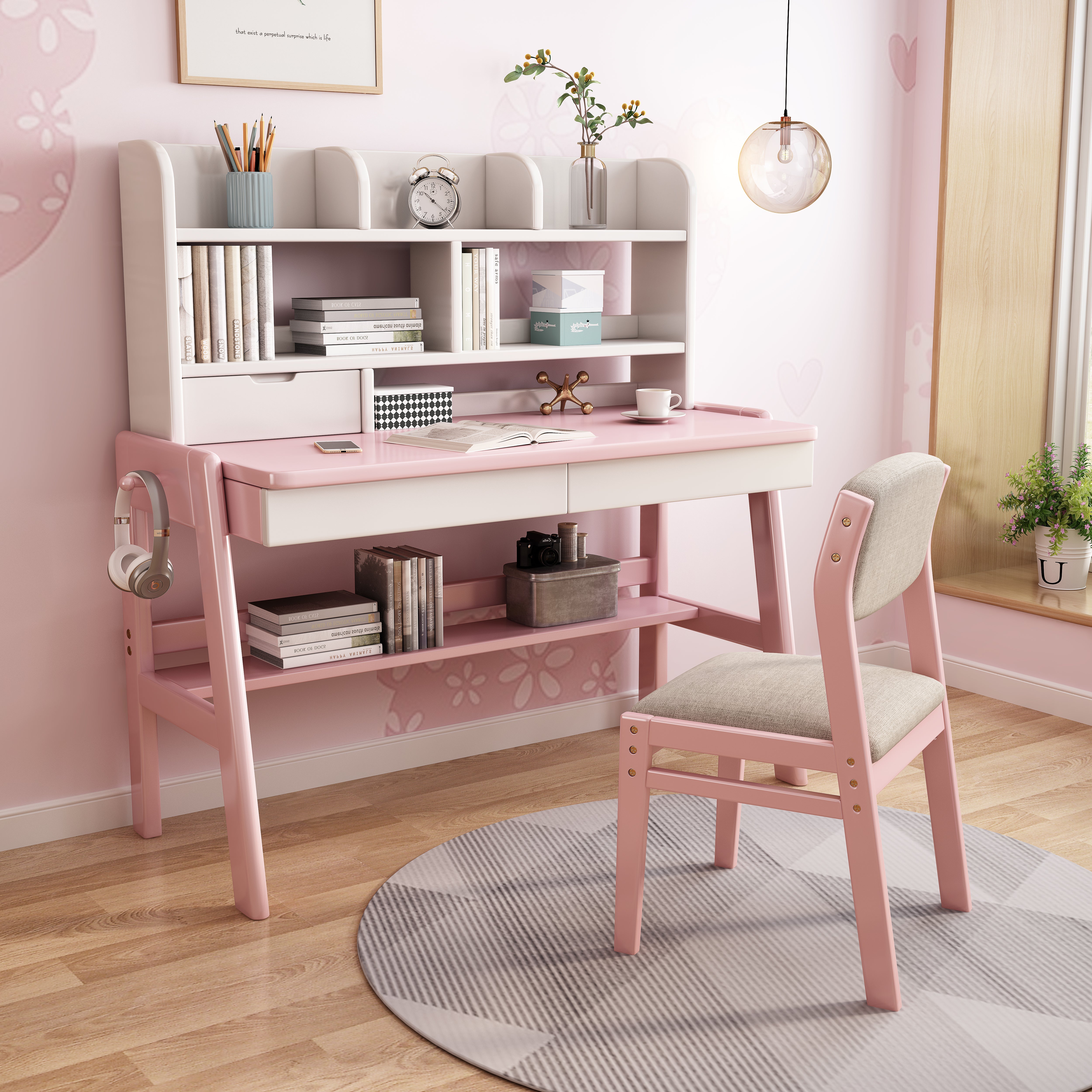 Ave Solid Wood Study Desk with Shelf and Drawers/Bookcase/Rubberwood