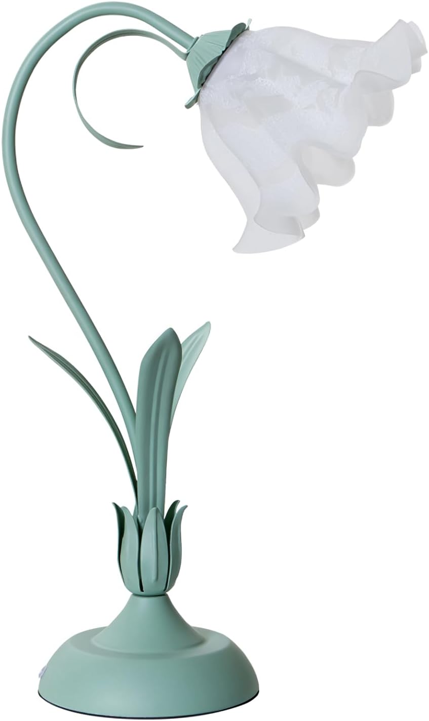 Green glass table lamp, flower table lamp, modern flower shape, metal top with glass lampshade, bedside table, desk lamp for bedroom, girl's room, living room, bedroom, office green