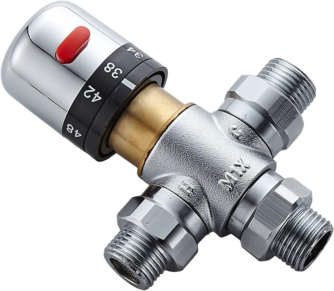 3-way thermostatic water mixer DN15, temperature control hot and cold, G1/2 NPS male connections, anti-scald temperature mixers for bathroom, under-sink taps, shower, bath, bidet chrome