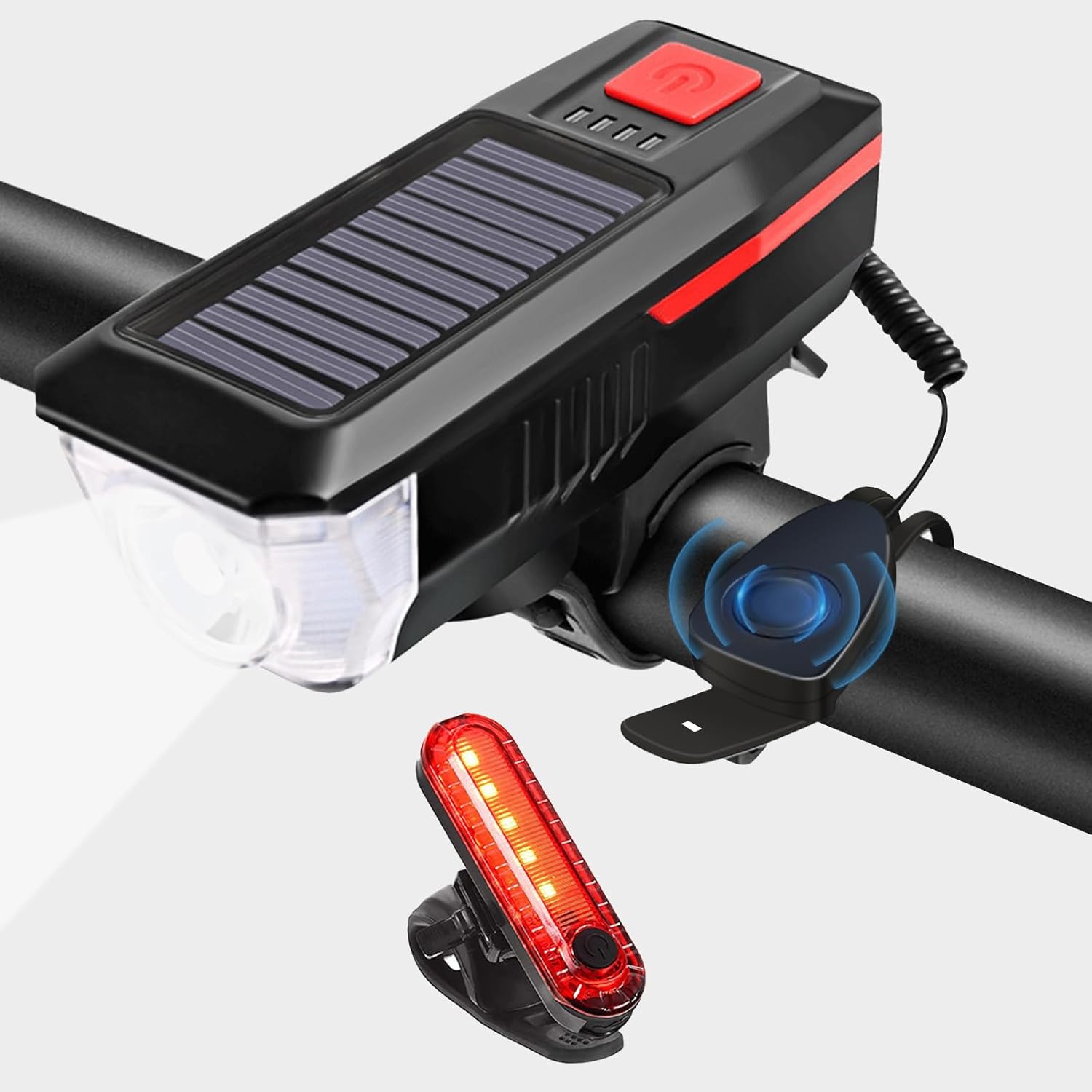 Bicycle Light - Rechargeable Solar Bike Light with 120dB Horn and 1500mAh Battery - USB and Solar Powered Rechargeable, 3 Lighting Modes and 4 Flashing Modes - Waterproof and Durable Bicycle Light for Front and Rear Light