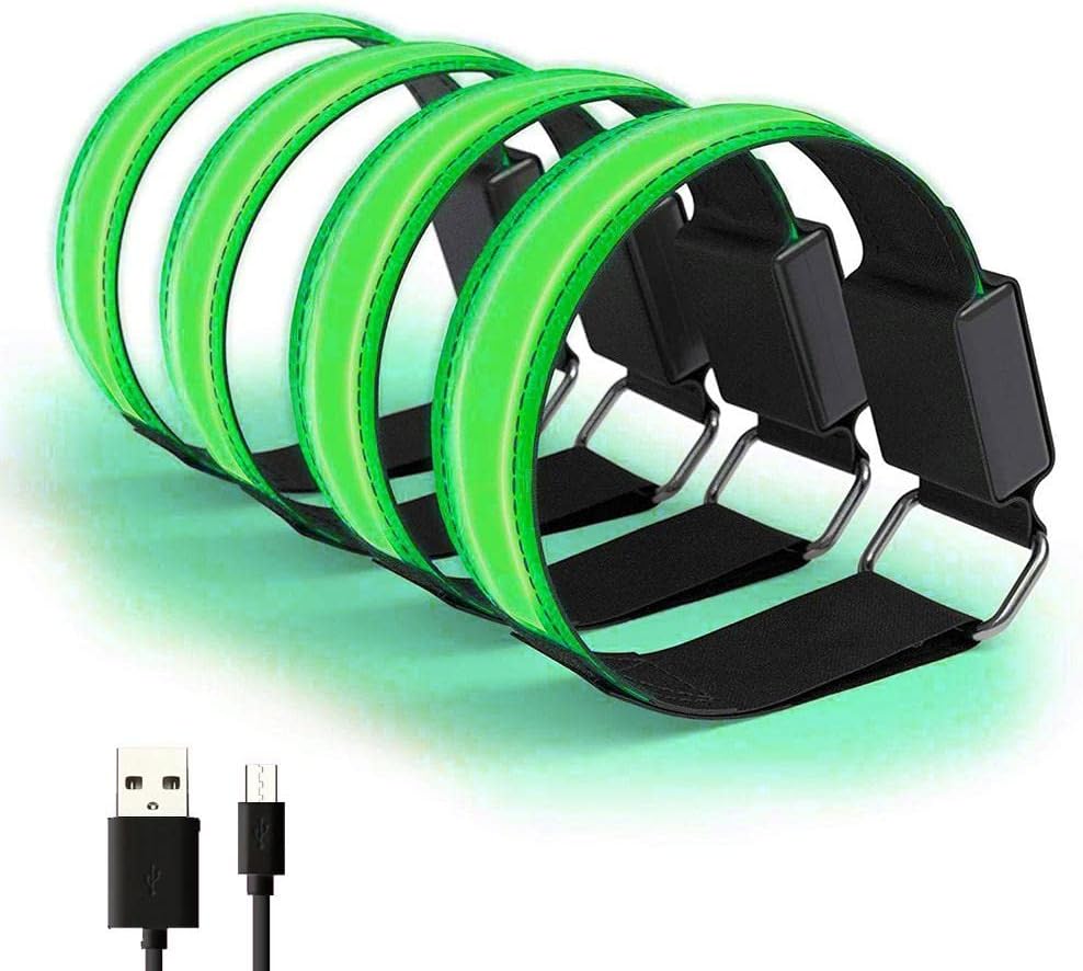 LED Luminous Bracelet - Suitable for Walking, Cycling and Running - 3 Light Modes - Rechargeable Safety Bracelet - Increases Visibility at Night - Green - Set of 4 - Max Circumference 35cm