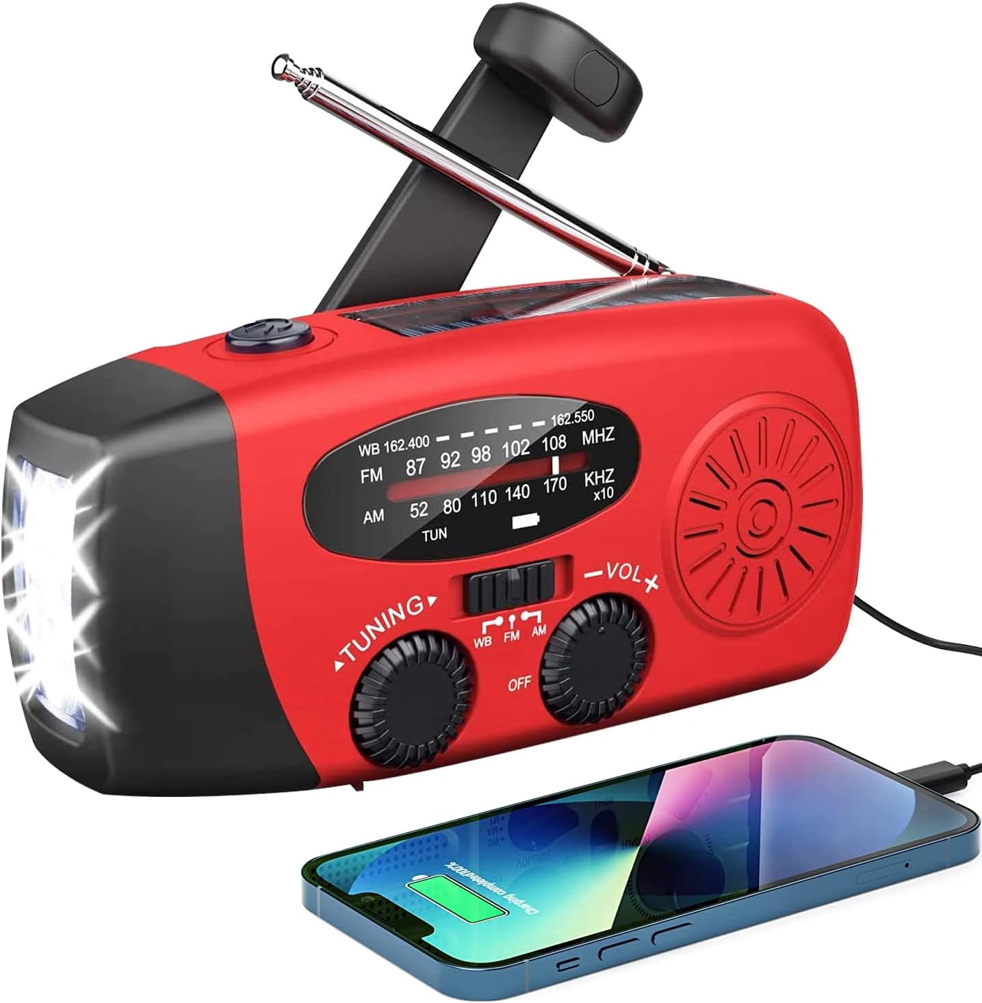 Emergency Radio Solar Wind-Up - Model 2025 - 2000 mAh Power Bank - AM/FM Radio with Flashlight & SOS - Emergency Kit for Camping & Disasters - Red