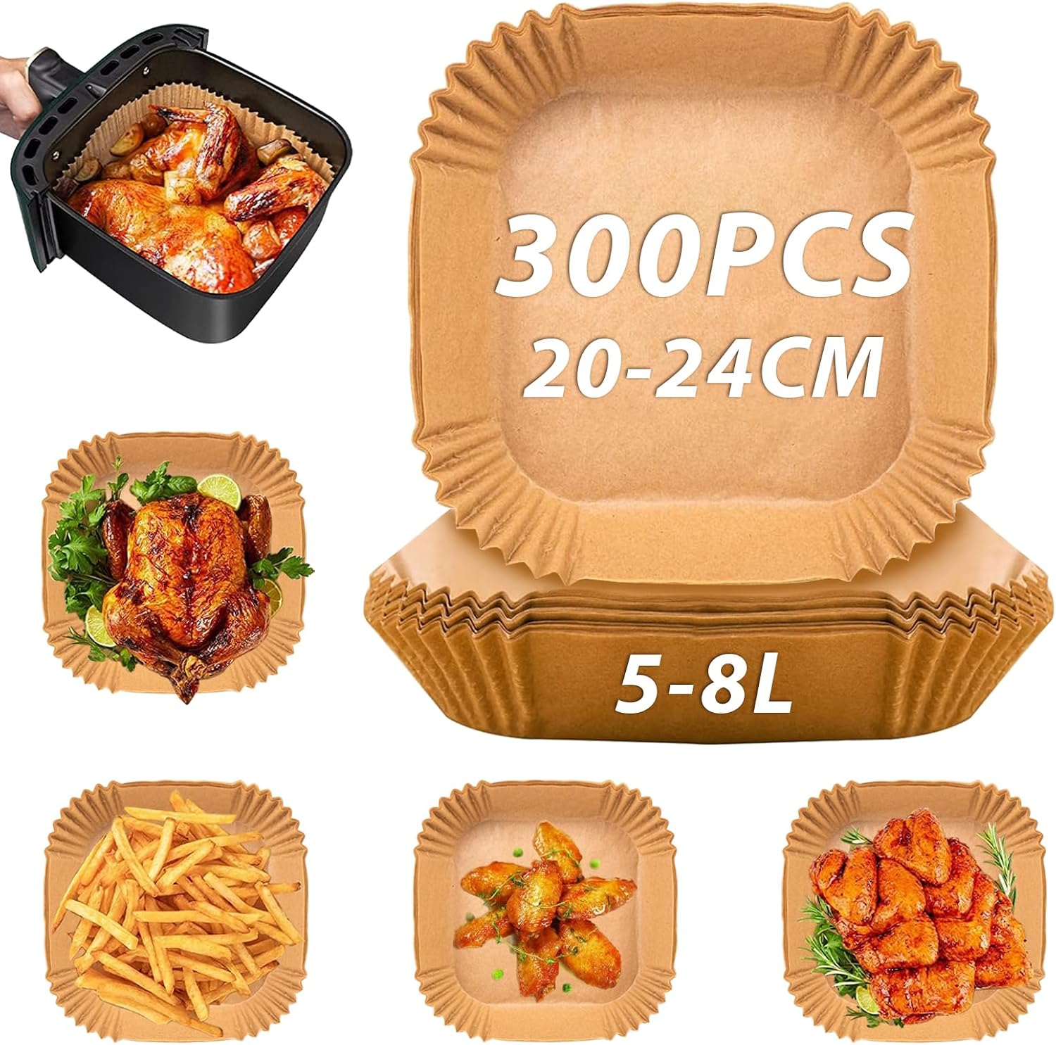 Airfryer Baking Paper XXL - Set of 300 - 20-24 cm - Disposable Inserts for Large Airfryers 5L-12L - Oil Resistant