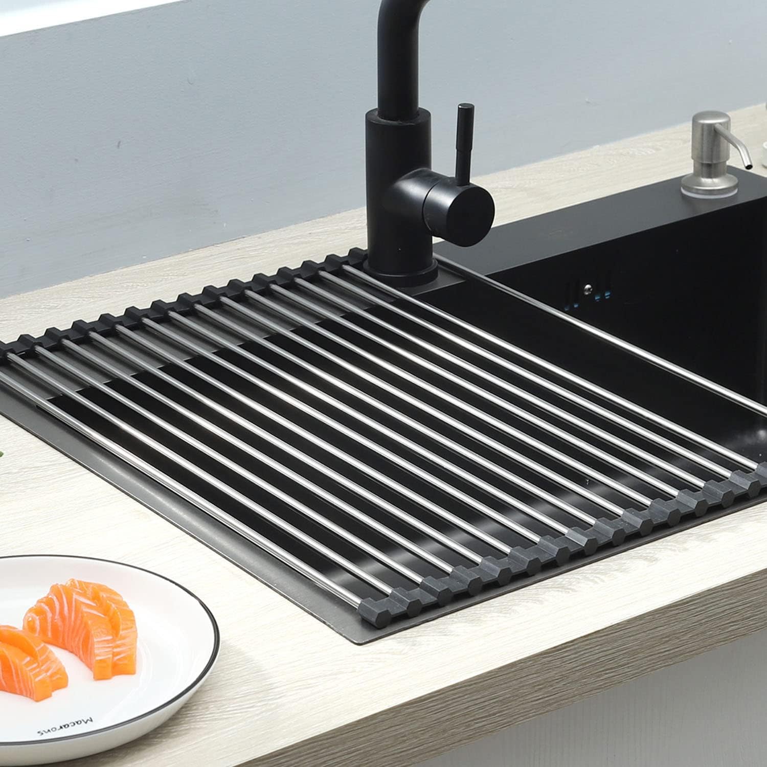 Roll-up Dish Draining Rack Black - 43 x 35 cm - Sink Roll Mat - Draining Grid for Dishes & Vegetables