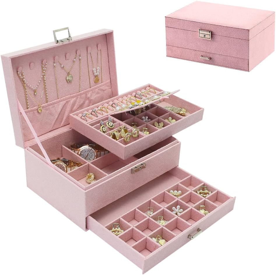 Velvet Jewelry Box with Lock - 3 Layers - Large Jewelry Organizer for Women - With Drawers & Compartments - Pink