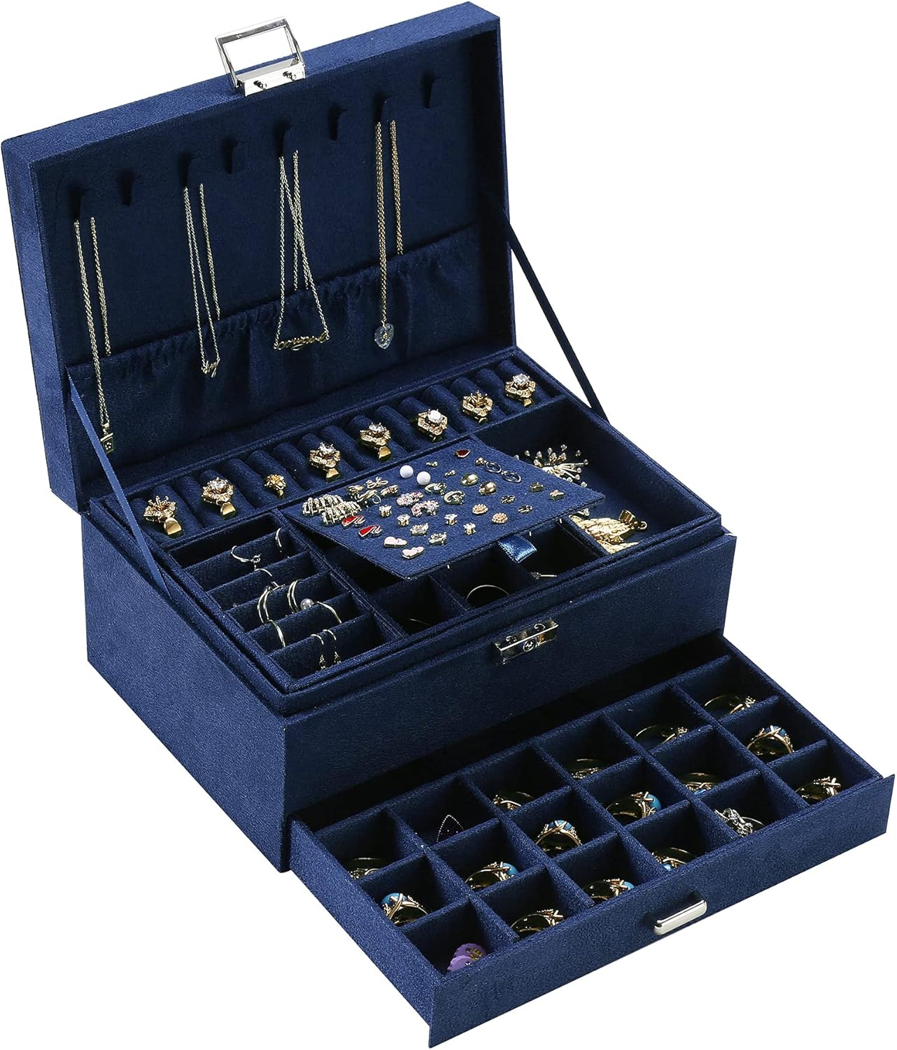 Velvet Jewelry Box with Lock - 3 Layers - Large Jewelry Organizer for Women - With Drawers & Compartments - Blue