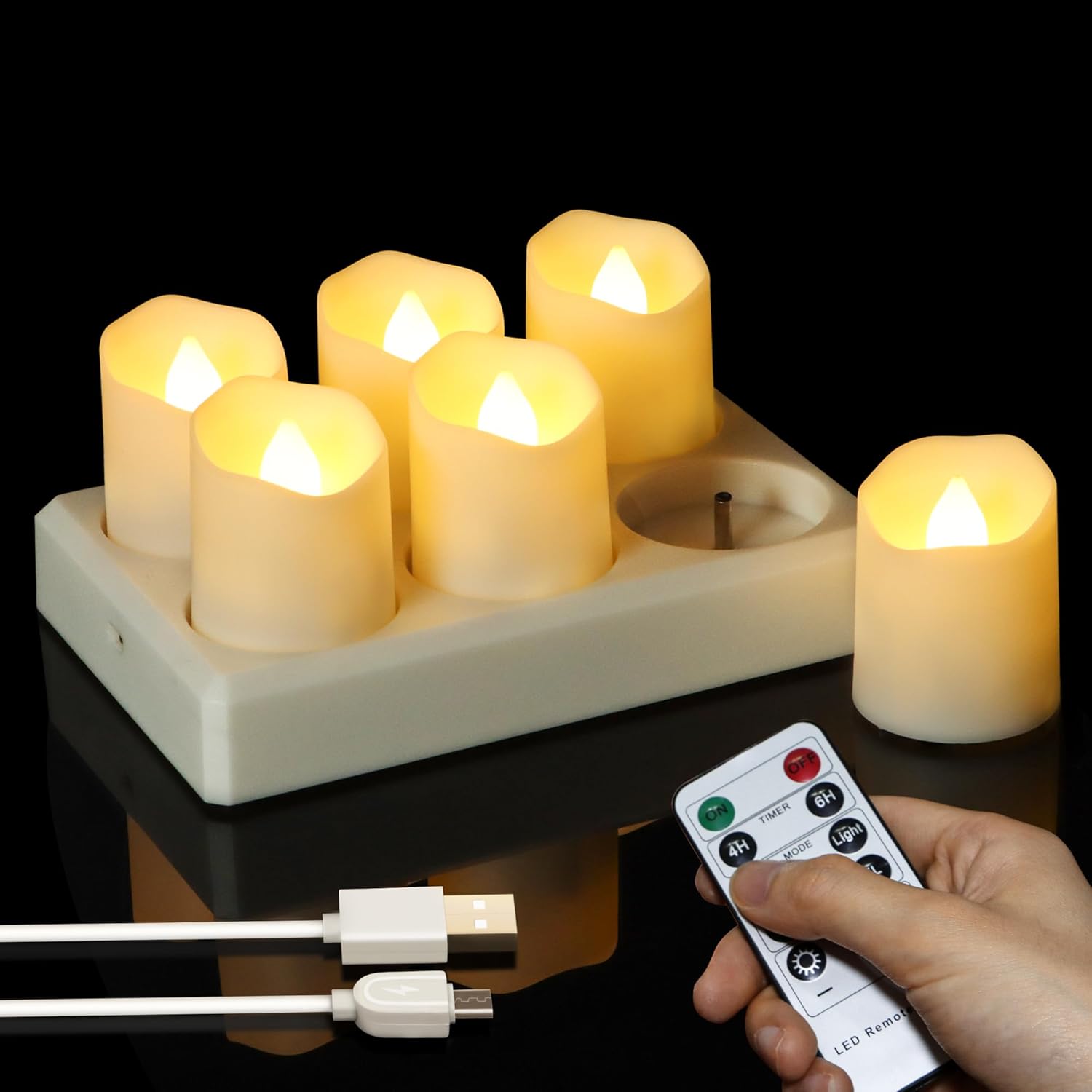 Rechargeable Tea Lights 6 Pieces - With Charging Station and Timer - Flickering Flame - LED Candles for Parties & Decoration - White