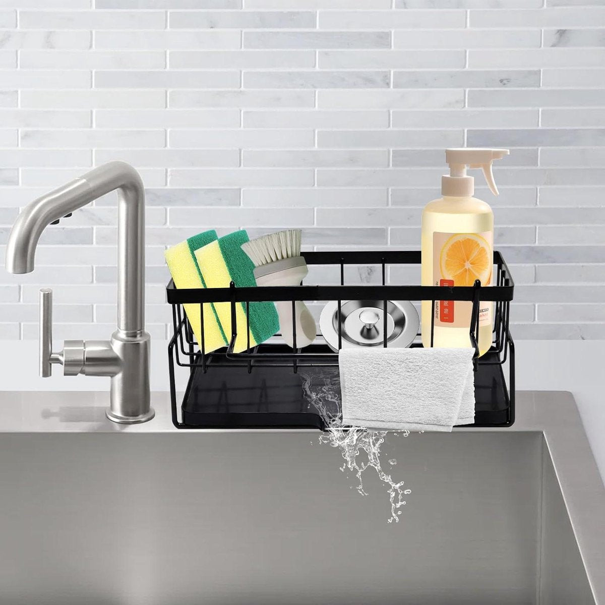 Allecta - Sponge holder and organizer for sink - Draining rack and soap dish with brush holder - Kitchen storage accessories - Grey.