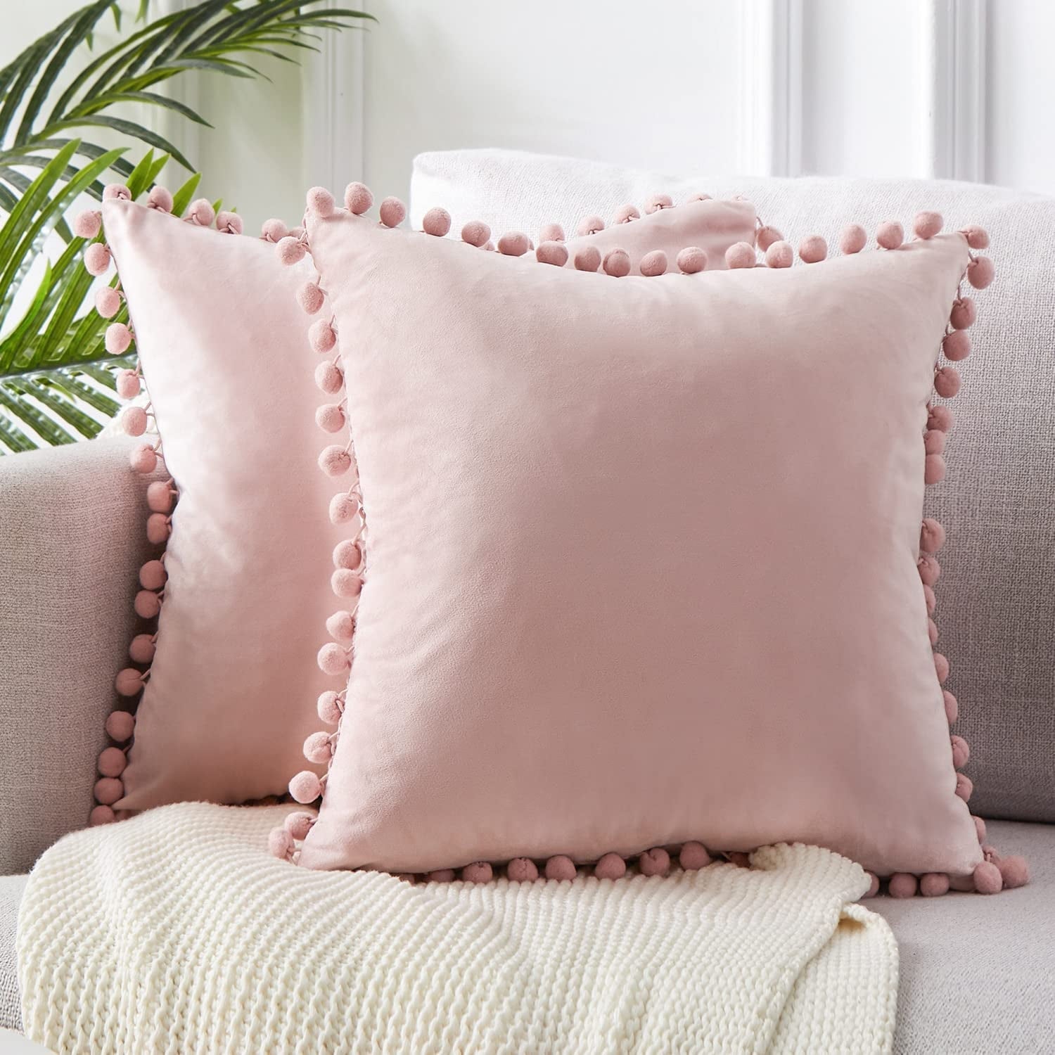 Blush Pink Throw Pillow Covers for Couch Bed Sofa Decorative Pillow Covers 16x16 Set of 2 Soft Velvet Square Cushion Covers with Tassels Cute Girl Princess Aesthetic Home Decor Baby Pink