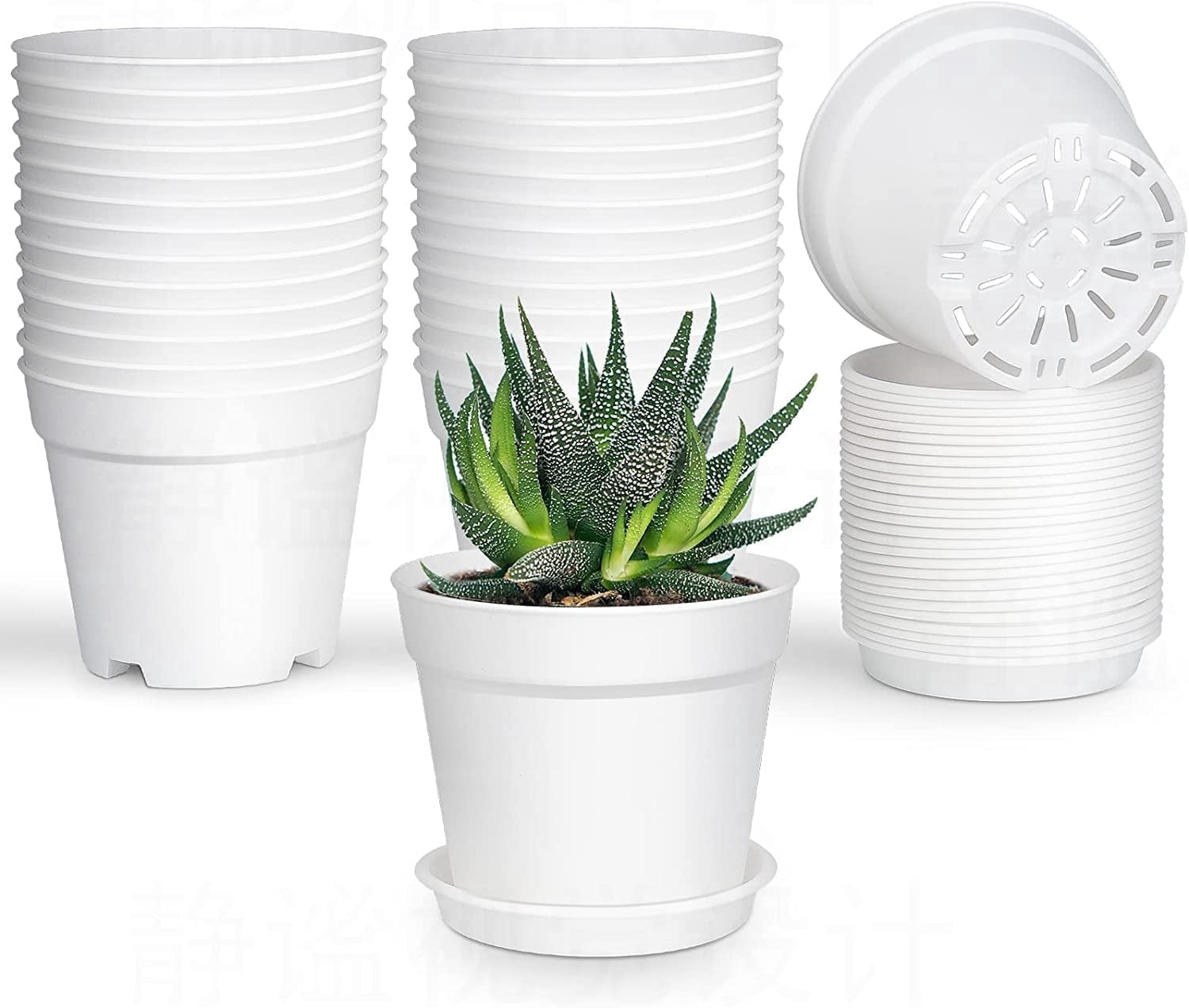 Pots for Plants, 8 Pack 4.8 inch Plastic Planters with Multiple Drainage Holes and Trays - Plant Pots for All Home Garden Flowers Succulents White