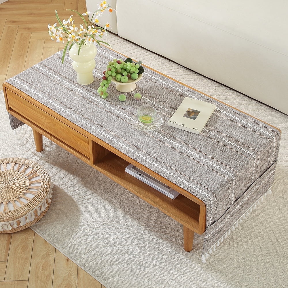 WCHUANG Coffee Table Cloth, Table Cover with Pockets and Tassel, Cotton Linen Rectangle Tablecloths Washer Dryer Fridge Top Dust Cover