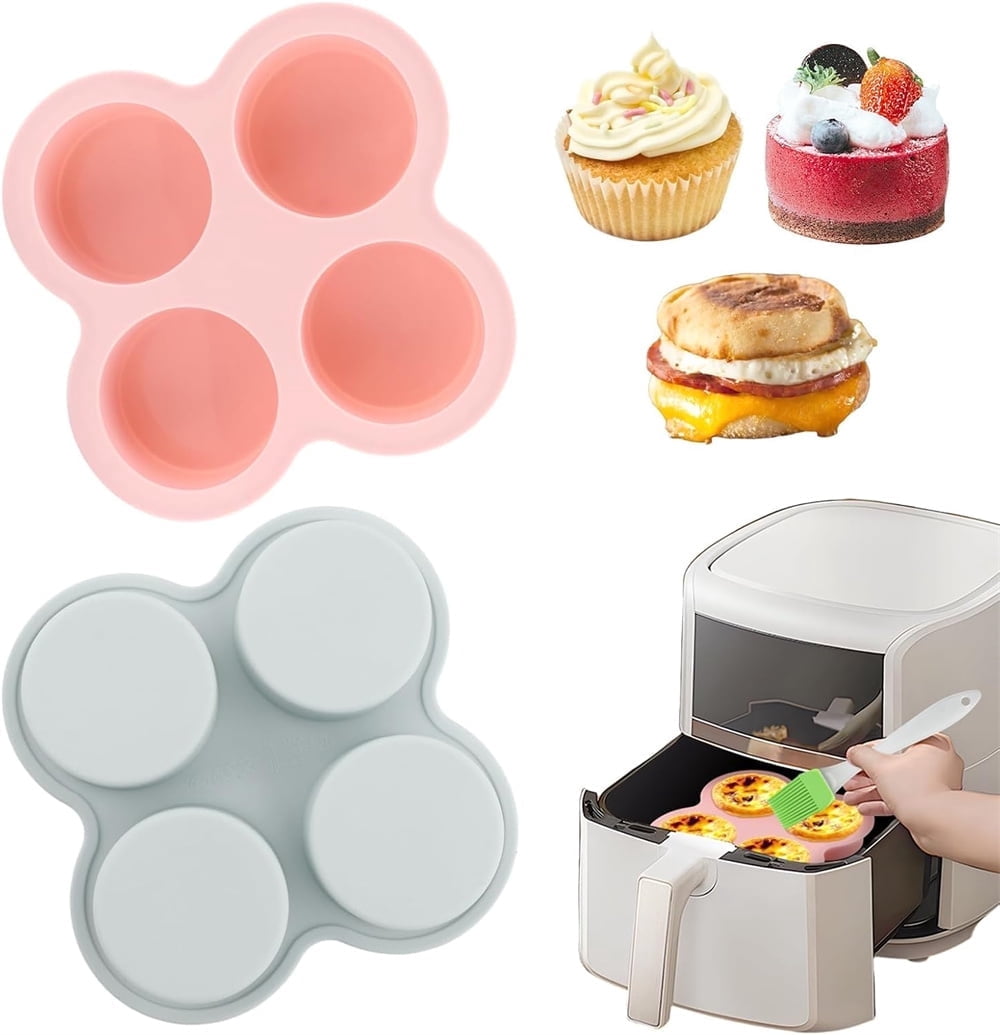 Tutuviw 2Pcs Reusable Silicone Air Fryer Egg Mold Cupcake and Muffin Pan Non-Stick Air Fryer Baking Pan 4 Cavity Silicone Muffin Pans Muffin Cups for Baking Blue+Pink