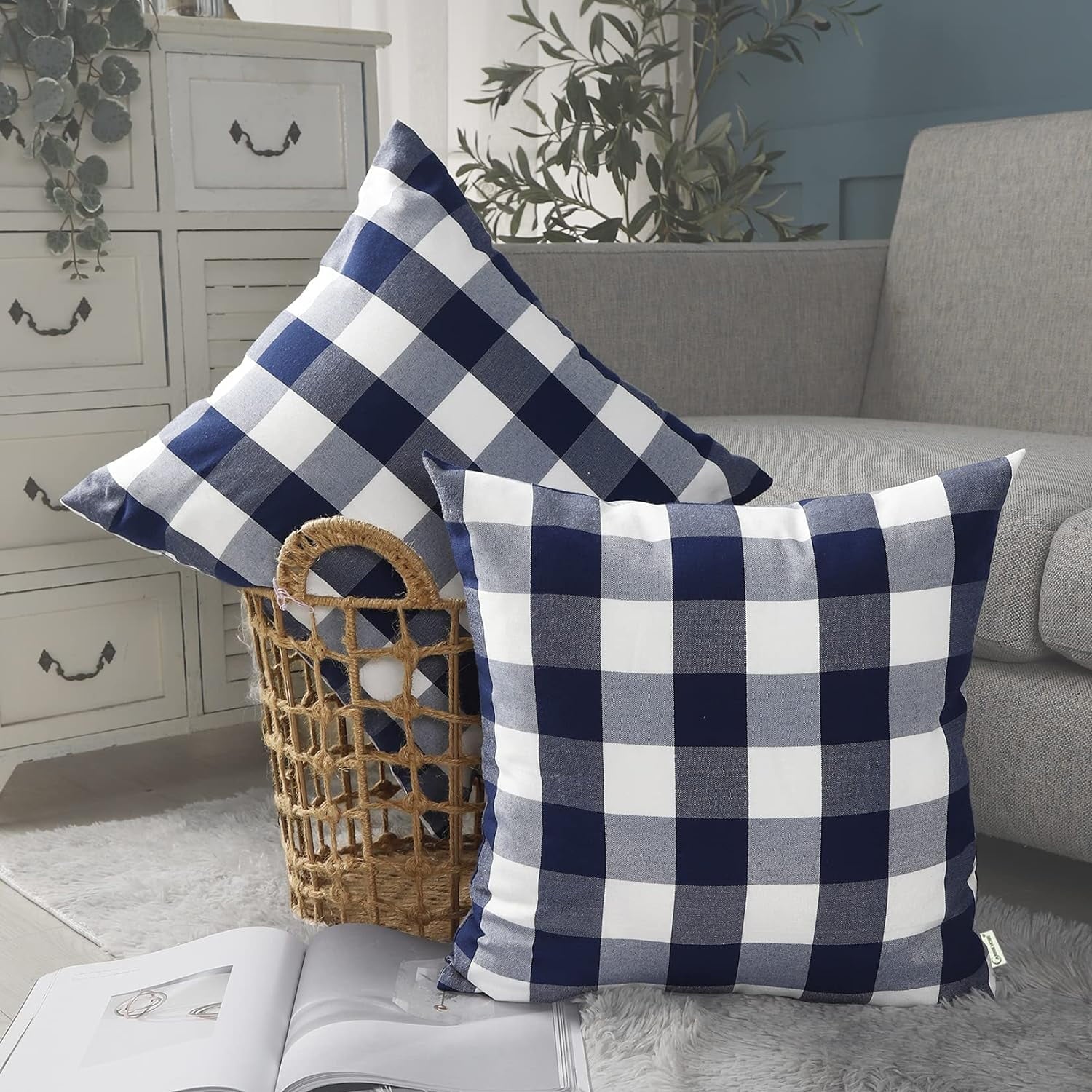 Light Blue Farmhouse Buffalo Plaid Pillow Covers 18x18 Set of 2 Patio Outdoor Decor Neutral Checkered Pillow Covers 18 x 18, Blue and White Gingham