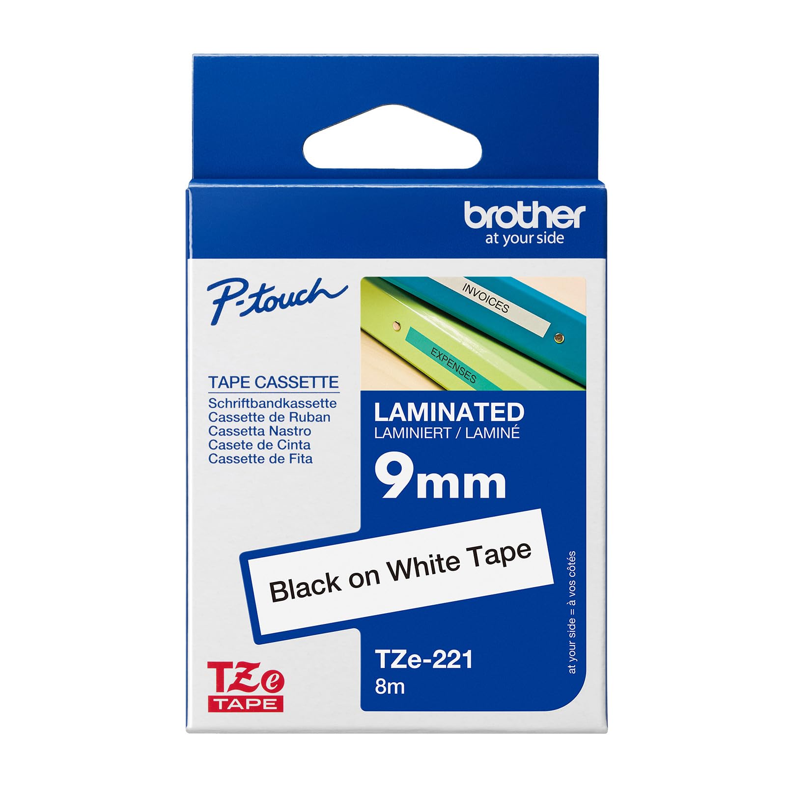 Brother Genuine TZe-221 Laminated Tape, Black on White, 9mm x 8m
