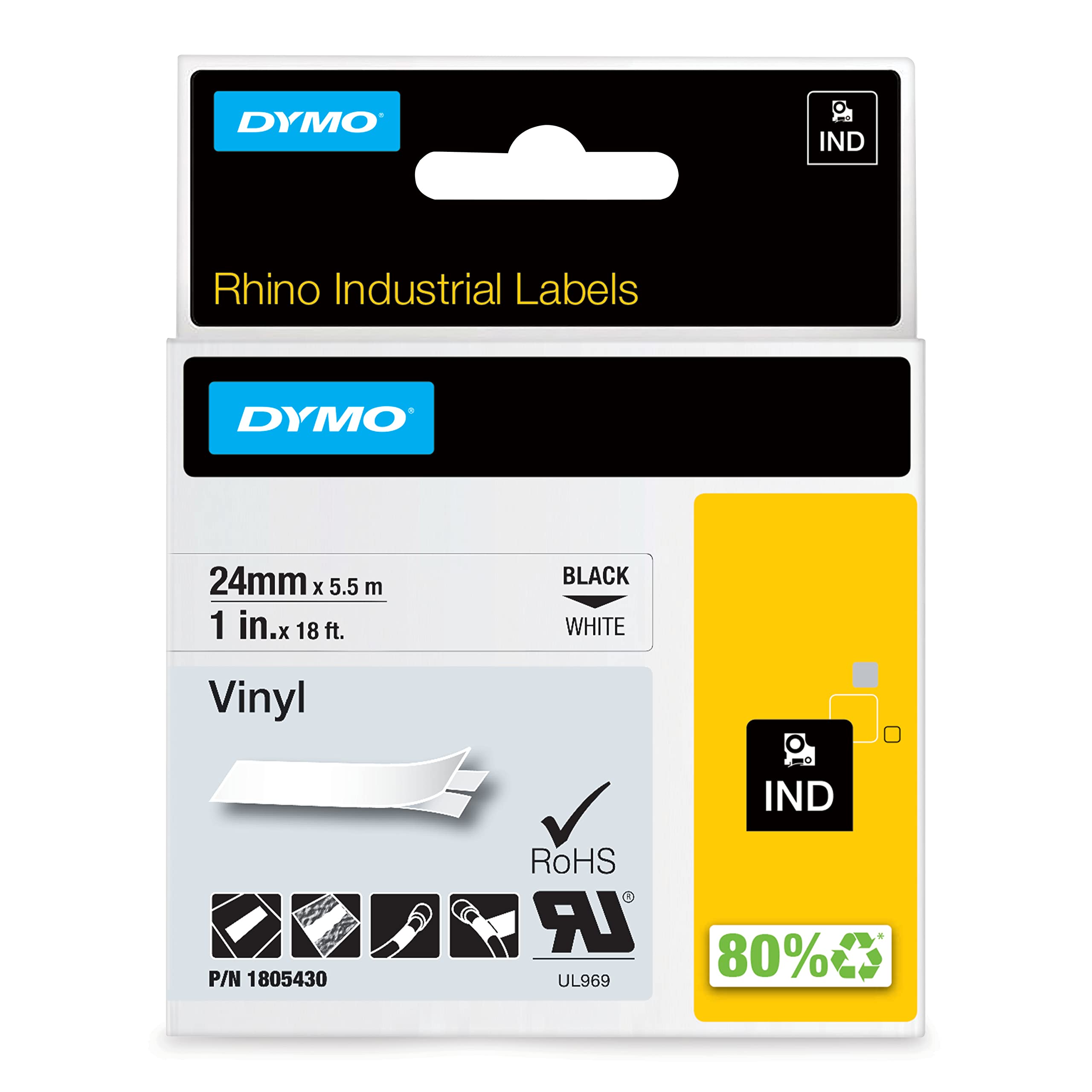 DYMO Industrial RhinoPro Labels for DYMO Industrial Rhino Label Makers, Black on White, 1" 1805430