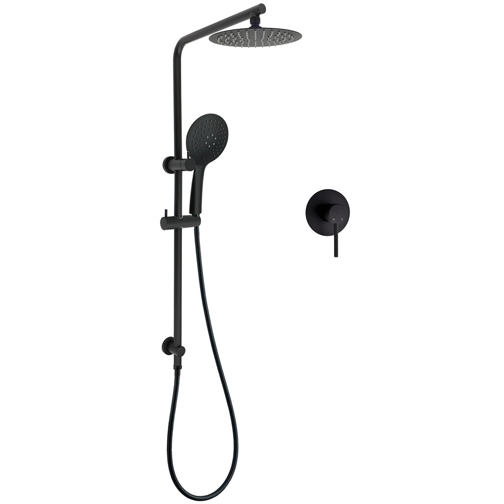 Matt Black Round 8" Shower Head Sliding Rail Arm 3 Modes Handheld Arm Dual Combo + Mixer