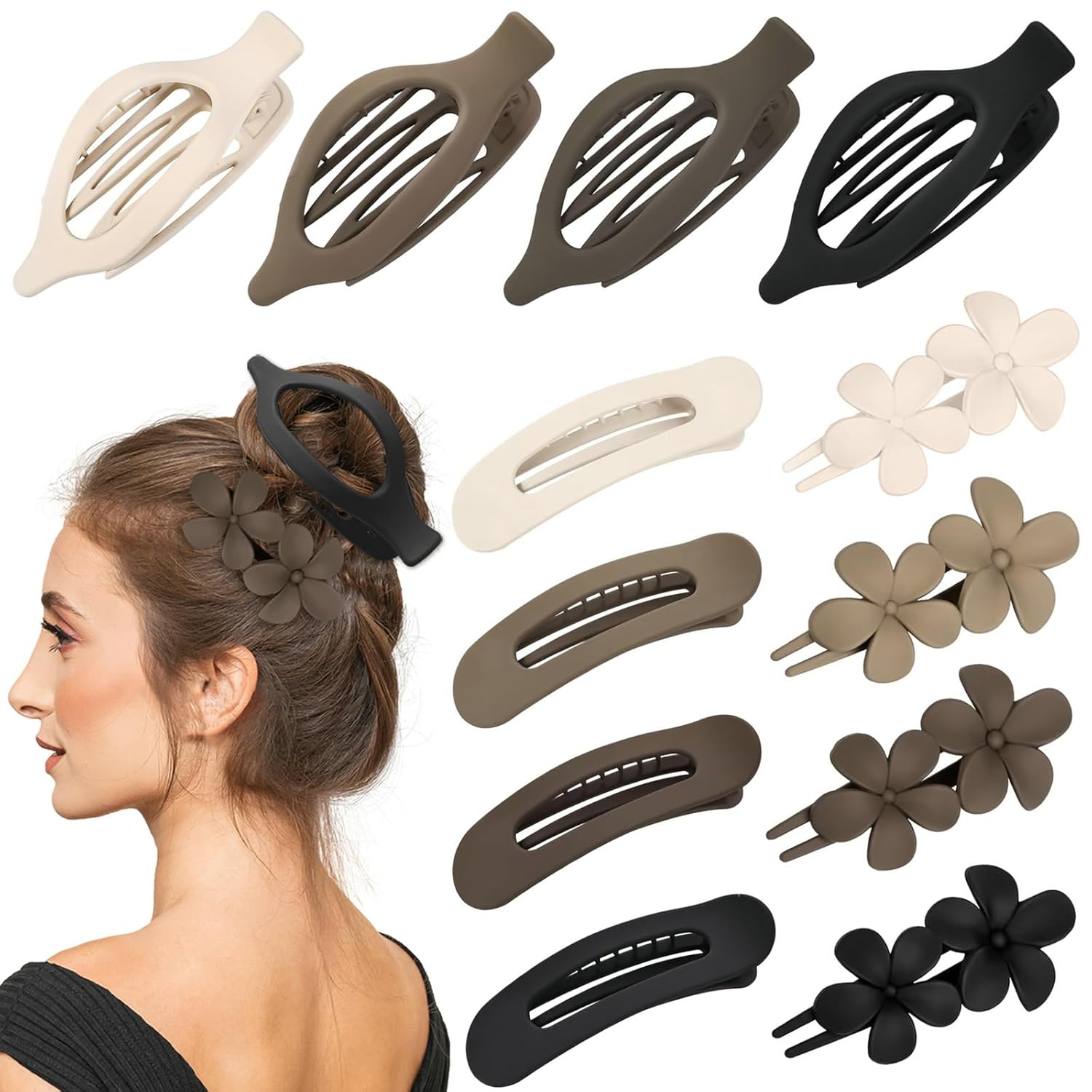 12 Pcs Neutral Colors Flat Hair Clips, Flat Claw Clip for Women, Matte Non-Slip Flower Claw Clips for Thin Thick Hair, Suitable for Women and Girls Wedding Party Accessories