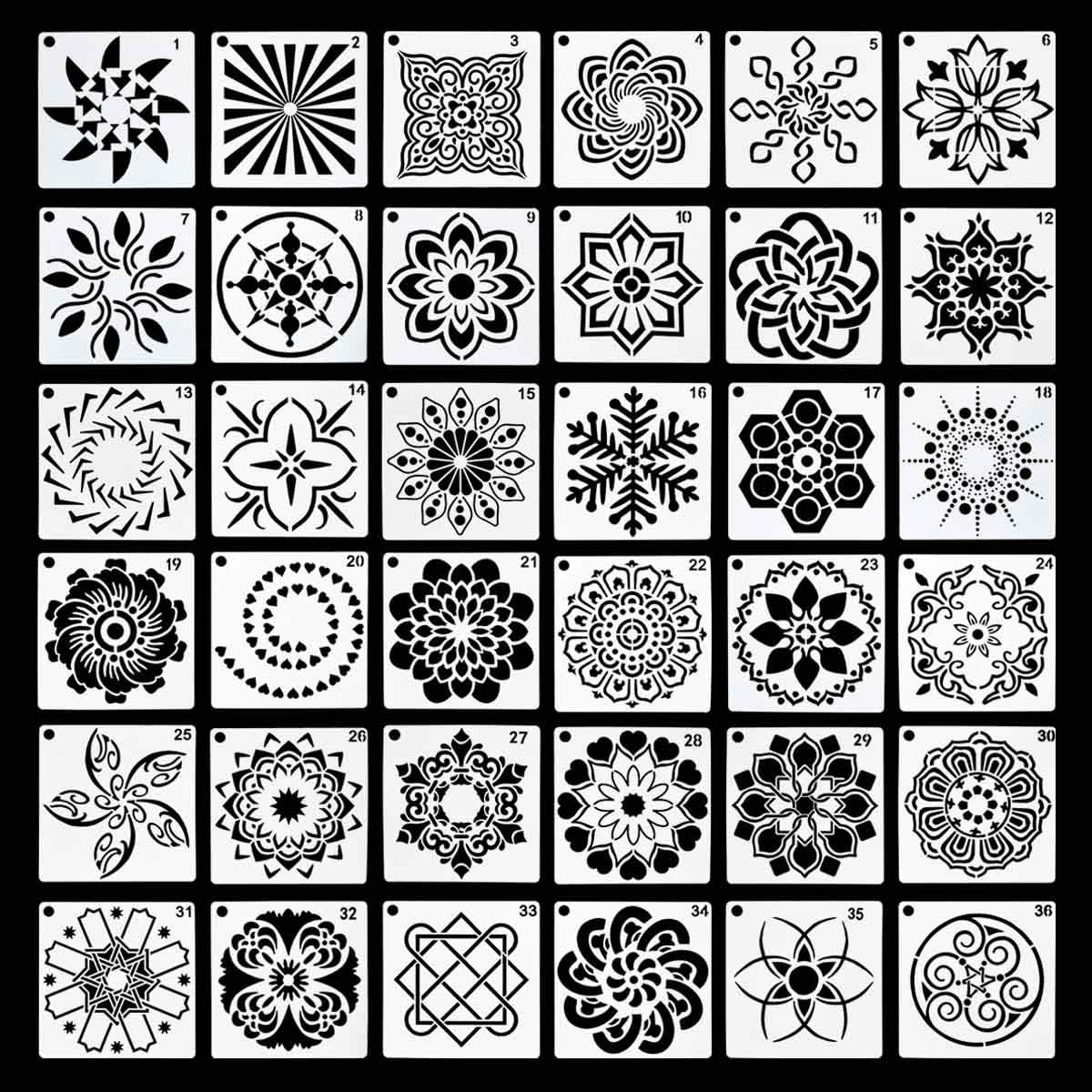 36 Pack Mandala Stencils 3.6x3.6 Inch Dotting Painting Template Stencil Set for Perfect DIY Art Projects Wood Wall Floor Fabric Furniture Tile Christmas Gift Reusable