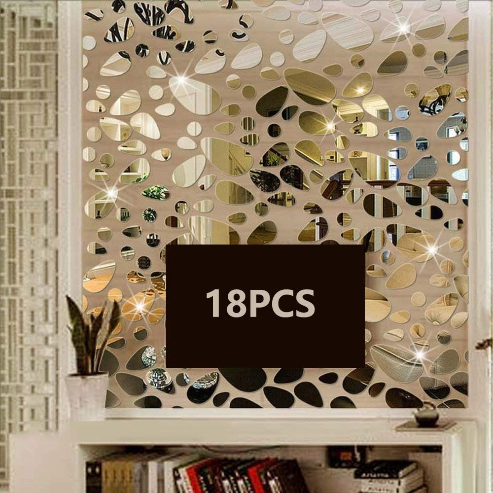 Petluno 18PCS Silver Mirror Decals Acrylic Cobblestone Shape Wall Stickers Not a Real Mirror , DIY Decor for Home Room Bedroom Office Decoration