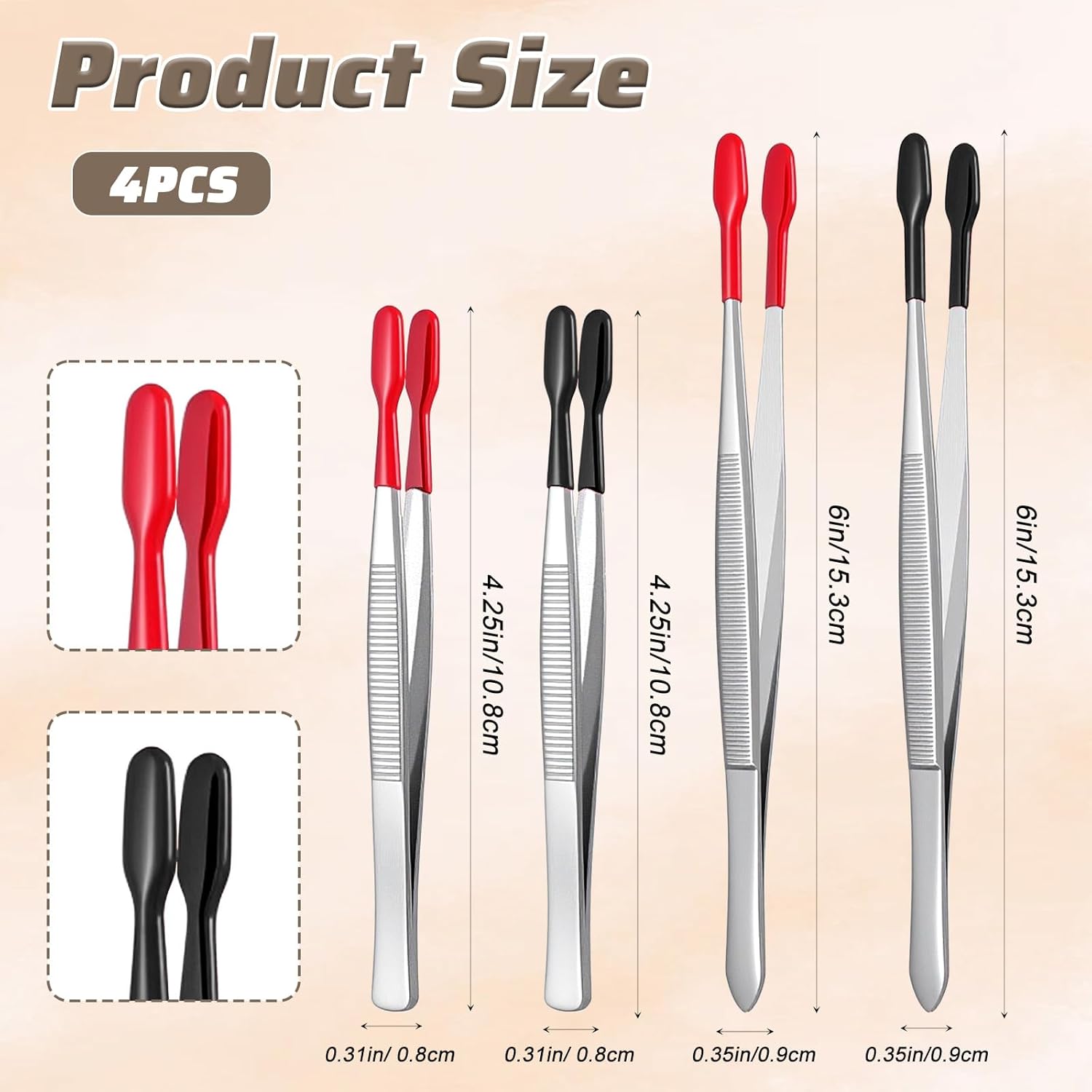 4 Pieces Rubber Tipped Tweezers, Forceps Silicone Coated Flat Tip Long Bent Precision Tweezers, Hobby Craft Tweezer Tools for Crafting Stamps Coins Jewelry Industrial Electronic Lab Black & Red