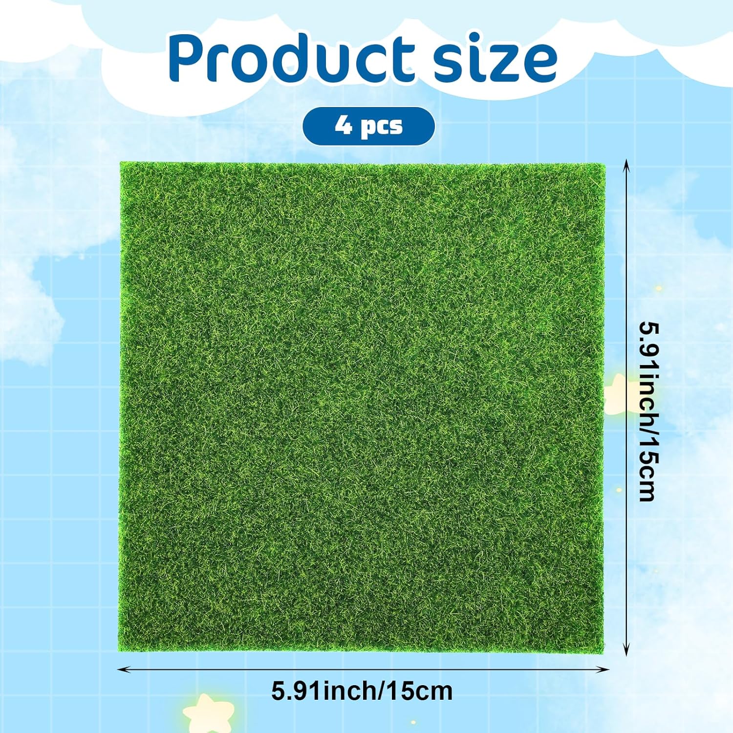 Xindojuz 4 Packs Fake Grass Decor, Artificial Grass for Crafts, Fairy Garden Turf, Diorama Supplies Miniature Lawn Mat, Dollhouse Ornament DIY Decoration Accessories 6" x 6"/15 x 15 cm