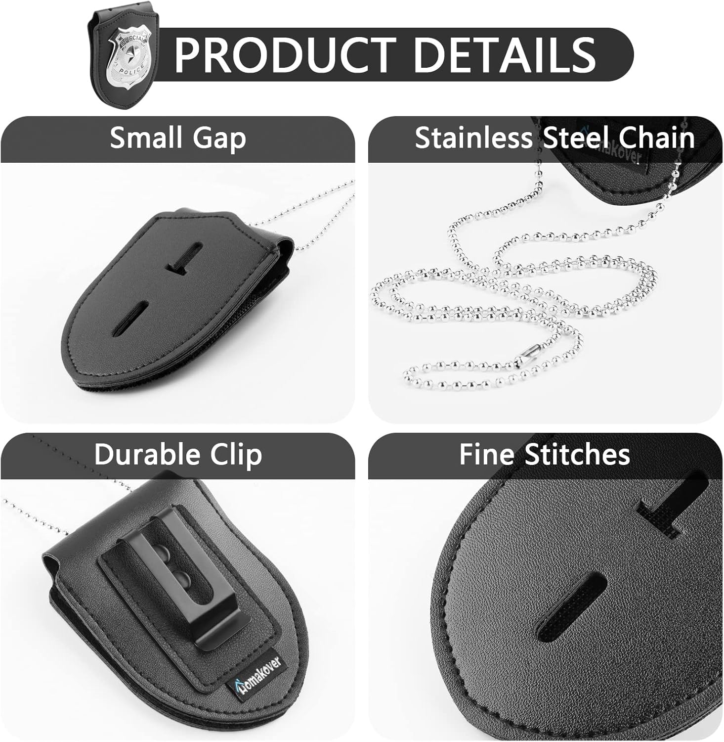 1 Pack Sheriff Badge Shield Holder with Faux Leather Wrapped Heavy Duty Steel Belt Clip with Stainless Steel Necklace, Universal, Black, Deputy Badge Holder, 8x3 inch 1 Pack