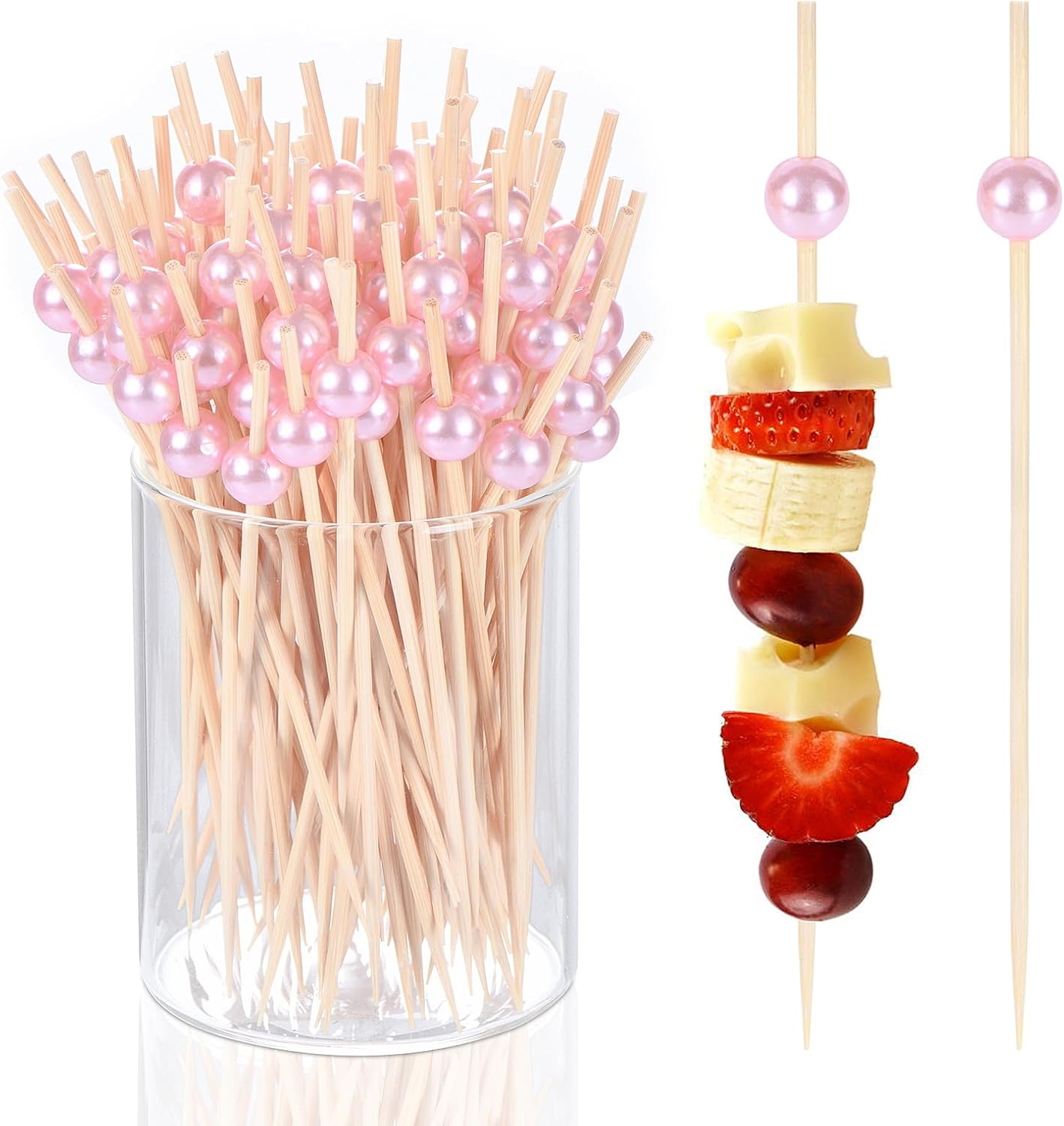 100 Pcs Pearl Toothpicks for Appetizers, 4.7 Inch Pearl Cocktail Picks for Party Decoration, Appetizer Skewers for Charcuterie Sandwich Burgers Fruit Drinks Party Pink