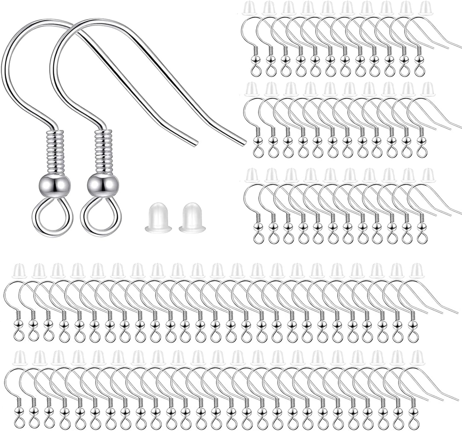 Fish Hook Earring Hooks 150pcs Earring Findings with Backs for Ear Wire Supplies Ear Post Making DIY 150pcs Silver Earrwires and 150 pcs Backs, Total 300pcs
