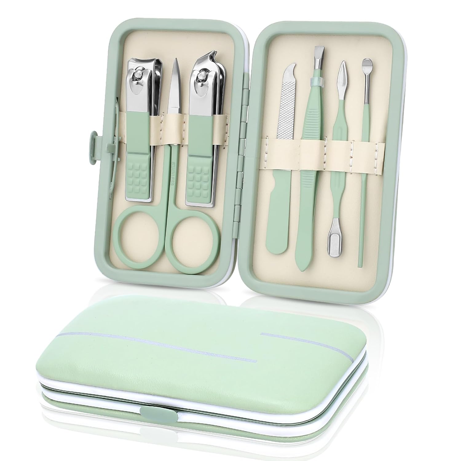 Manicure Set-Stainless Steel Nail Care Set-Professional 7 in 1 Ingrown Toenail Clipper Grooming Tool-Pedicure Kit & Toe Nail Cutter-Thick Nail Scissors Toiletries with Cuticle Trimmer Green