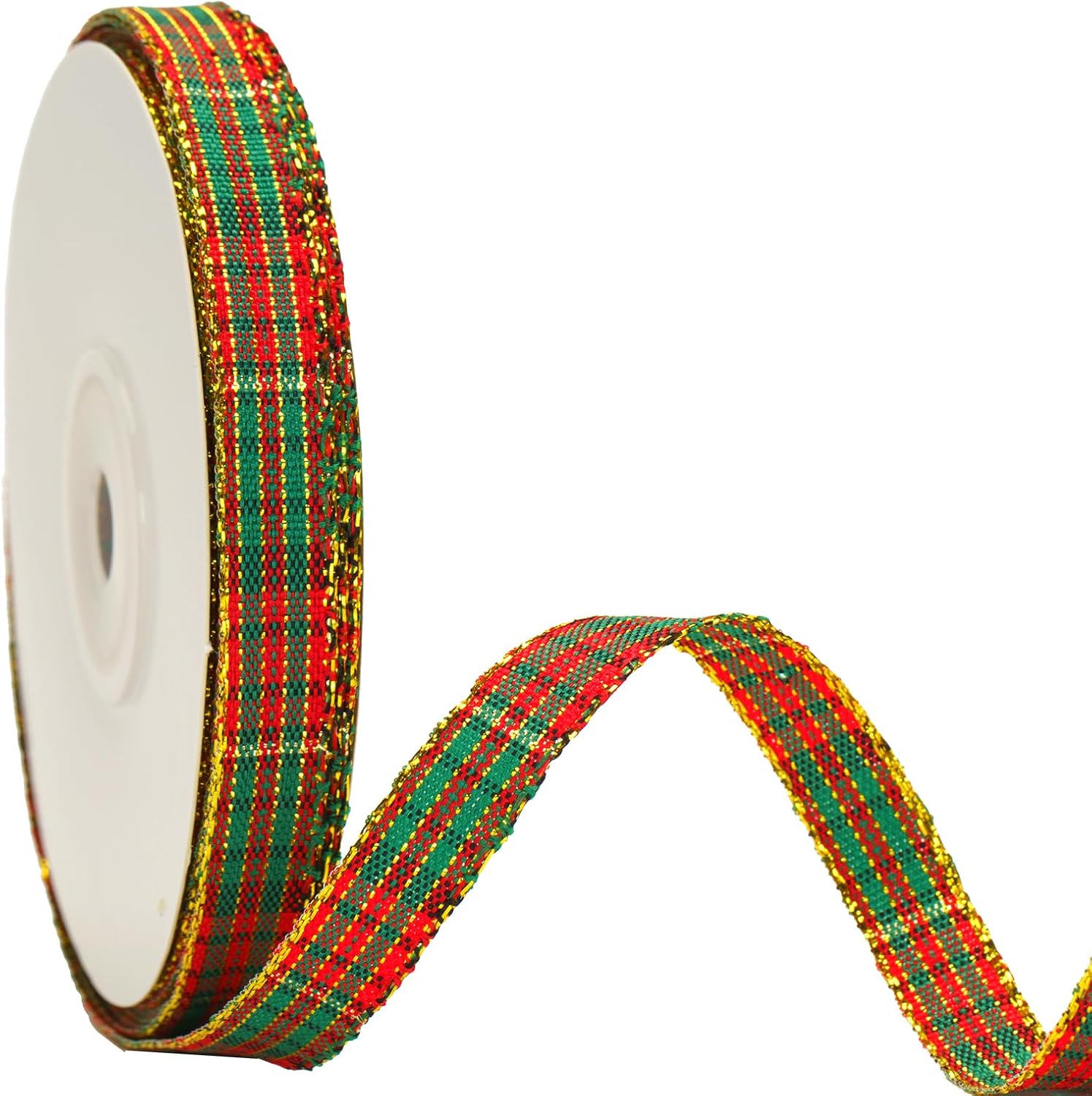 Christmas Ribbon 3/8" Red and Green Plaid Checkered Ribbon 25 Yard Tartan Gold Thread Woven Edge Gingham Ribbon for Crafts, Gift Wrapping, Wreath, Christmas Tree and Home Decoration
