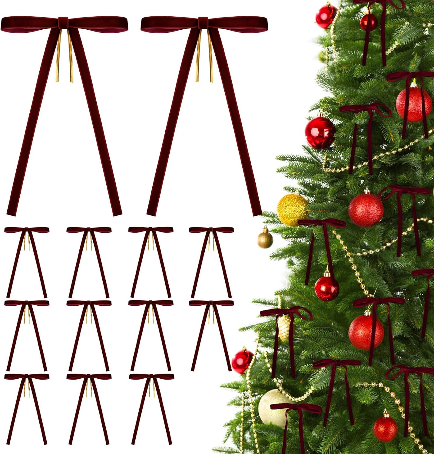 24 Pcs Burgundy Velvet Bows Vintage Rustic Velvet Ribbon Bows Ornaments for Christmas Tree Garland Wreaths Gift Wrapping Holiday Decor Indoor and Outdoor 3/8'' Wide, 5 x 7 inch