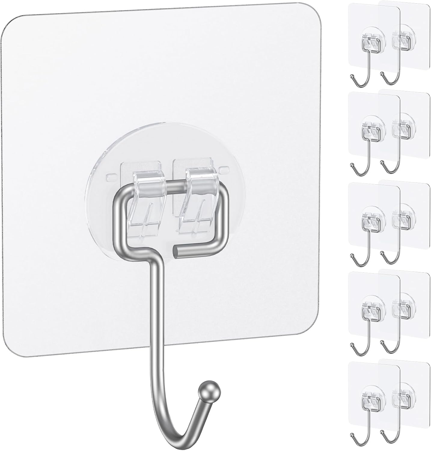 10 Pcs Large Adhesive Hooks for Hanging, 33 lbs Max Heavy Duty Wall Hooks, Clear Waterproof Picture Hangers, Self-Adhesive Sticky Hangers for Outdoor Bathroom Kitchen and Office