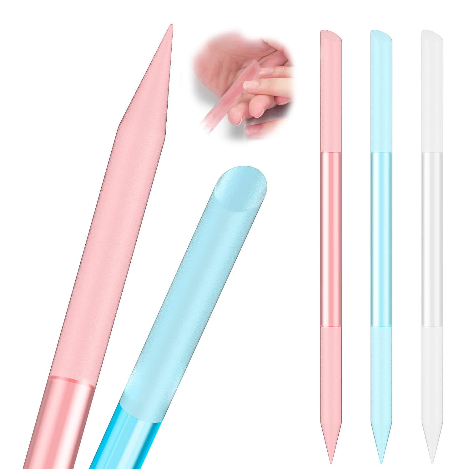3 Pcs Glass Cuticle Pusher Nail File Cuticle Manicure Stick Remover Cuticle Tool Set Double Sided Crystal Glass with Grit Cuticle Care Stick for Women Girls Nail Salons Homes Pink,Blue,Transparent