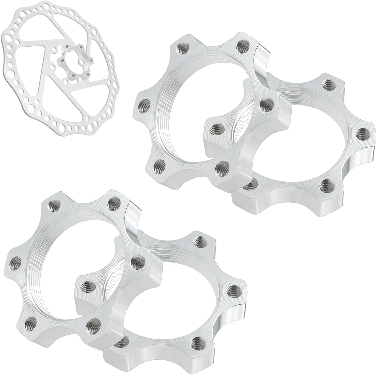 4 Pcs 44MM Bike Freewheel Threaded Hubs Disk Brake Adapter, 1.73-inch Aluminum Alloy 6-Bolt Disc Brake Rotor Flange Adapter, Silver