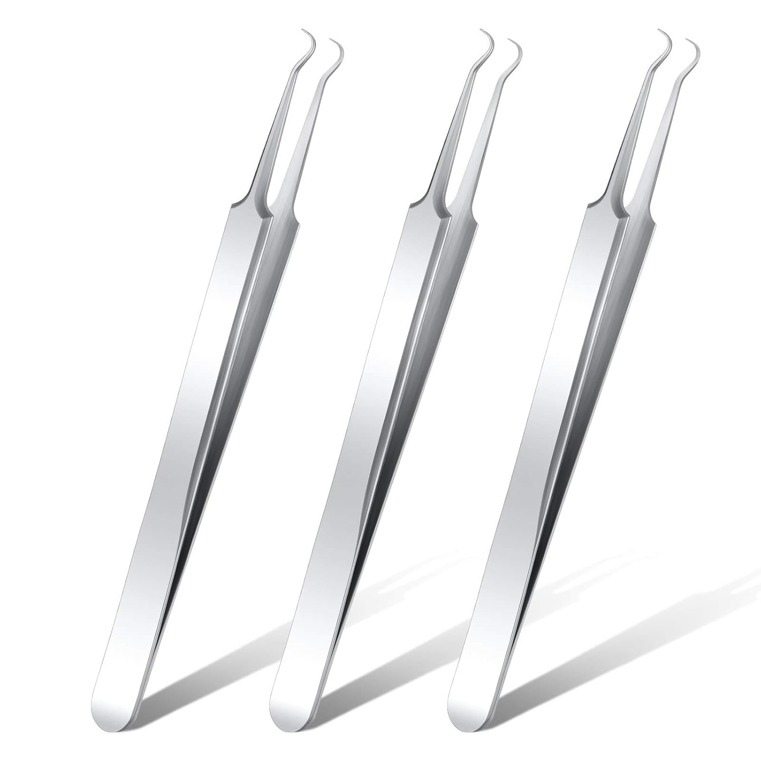 3 Pcs Blackhead Tweezer Stainless Steel Pimple Tweezers Extractor Tool for Remove Zit Whitehead Pimple Bend Curved Tweezer Skin Blackhead Remover Tools Silver