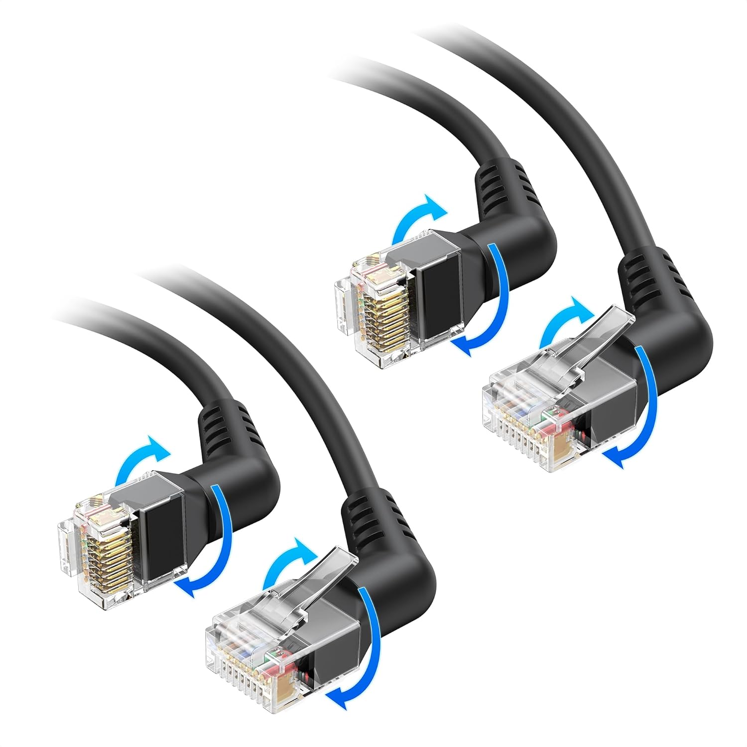 2-Pack 10Gbps Rotatable Cat 6 Ethernet Cable - 1ft, with Ultra Flex PVC Jacket for Tight Spaces, Cat 6 Ethernet Cable Right Angle, Black