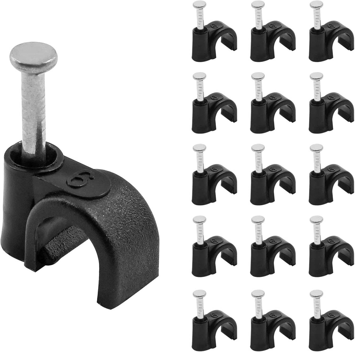 100pcs 1/4" / 6mm Half Clamp J-Hook with Nail, Nail in Cable Clips Ethernet Cable Nails Tacks Clips, Black