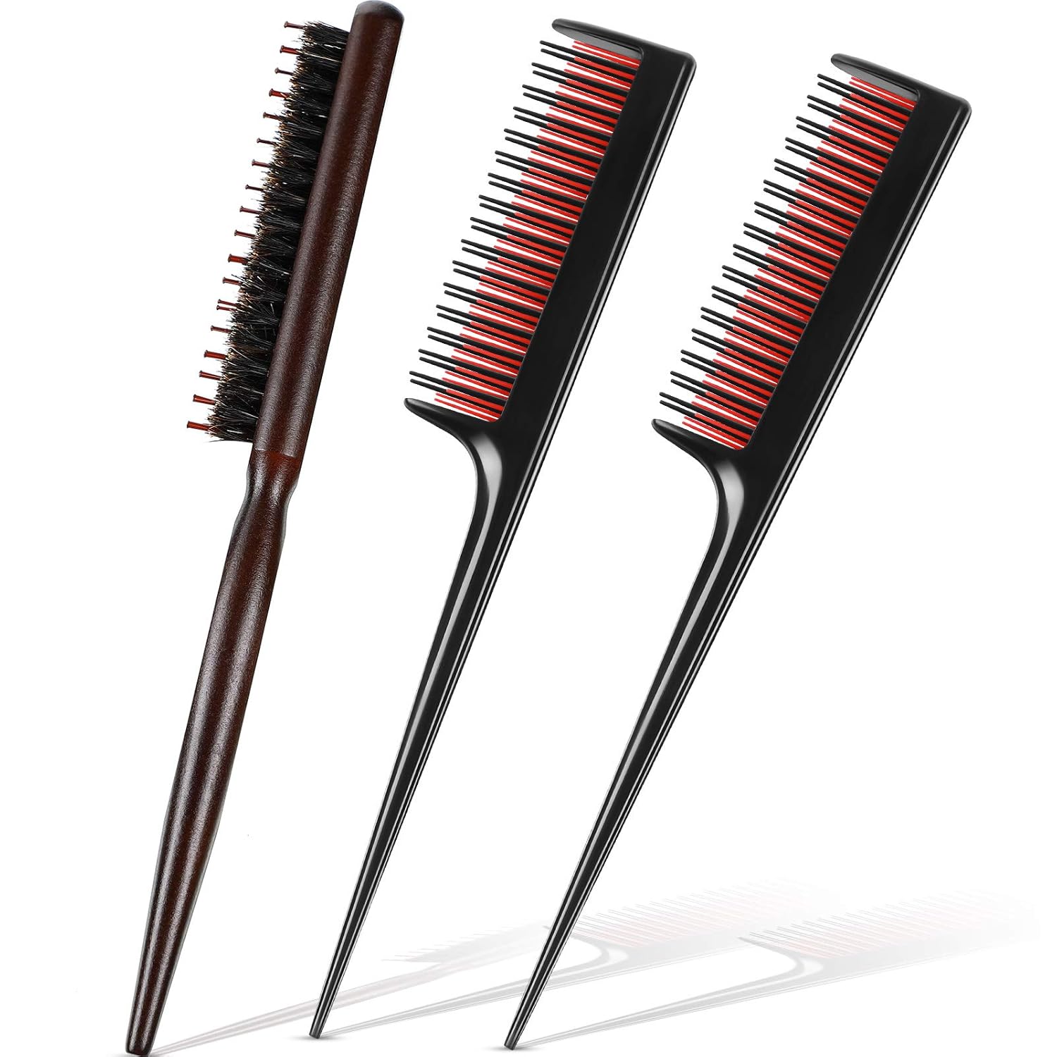 3 Pcs Hair Teasing Comb Set Includes 2 Nylon Triple Comb and Boar Bristle Teaser Brushes for Women Stylist Men Backcombing Slicking Curly Thick Wet Hair Black