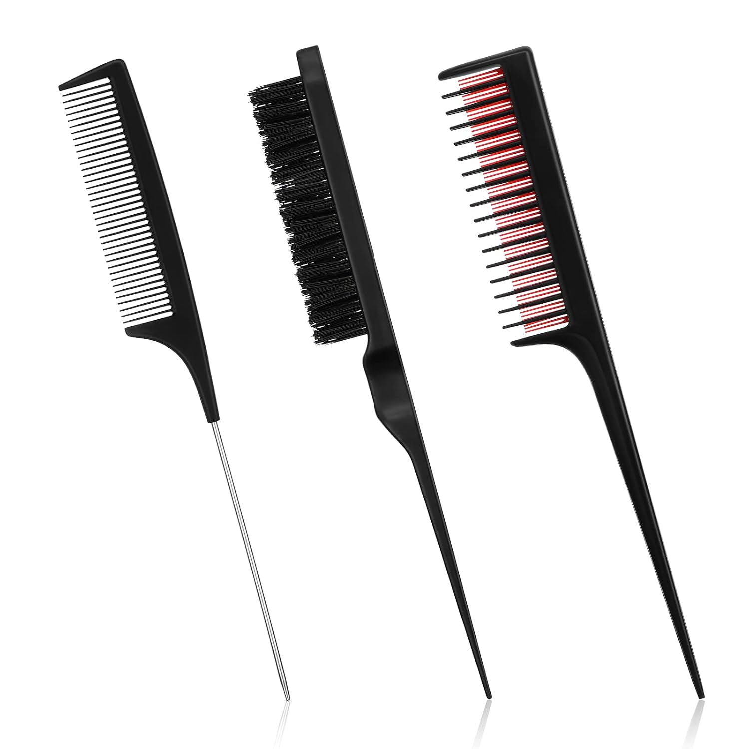 3 Pieces Hair Styling Comb Set for Women's Back Combing - Teasing/Fluffy Brush, Rat Tail Comb, and Triple Combing Comb Black