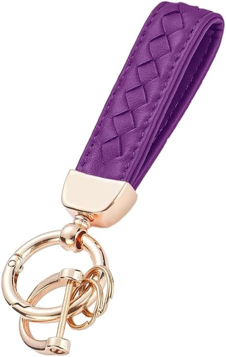 Genuine Leather Car Keychain, 360 Degree Rotatable Handmade Knit Sheepskin Keychain, Key Fob Holder with Anti-Lost D-Ring Purple