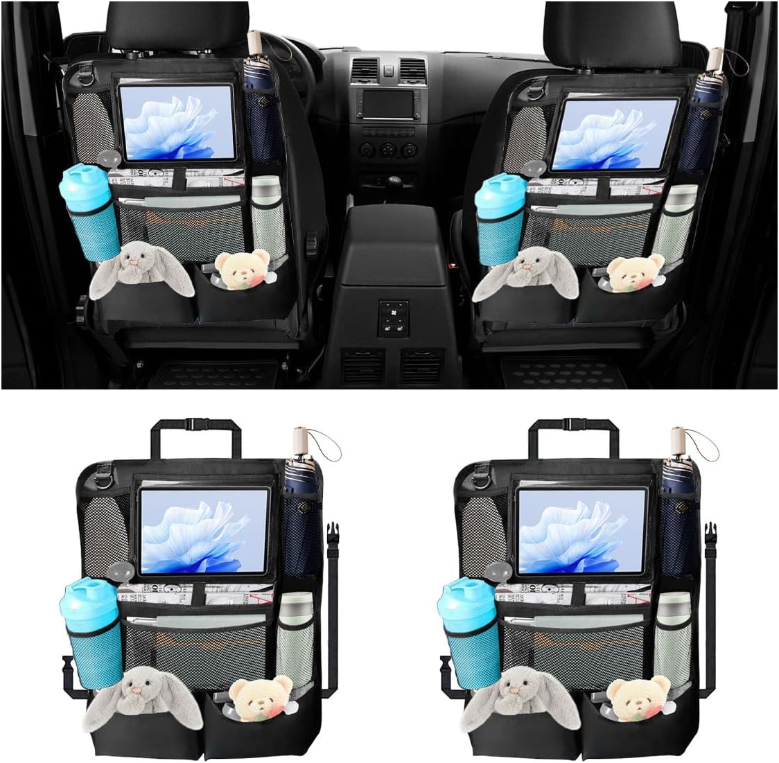 2PCS Car Backseat Organizer, Automotive Kick Mats Back Seat Protector for Kids, Vehicle Storage Organizer with 9 Pockets & Touch Screen Tablet Holder, Auto Travel Accessories for Truck SUV Black