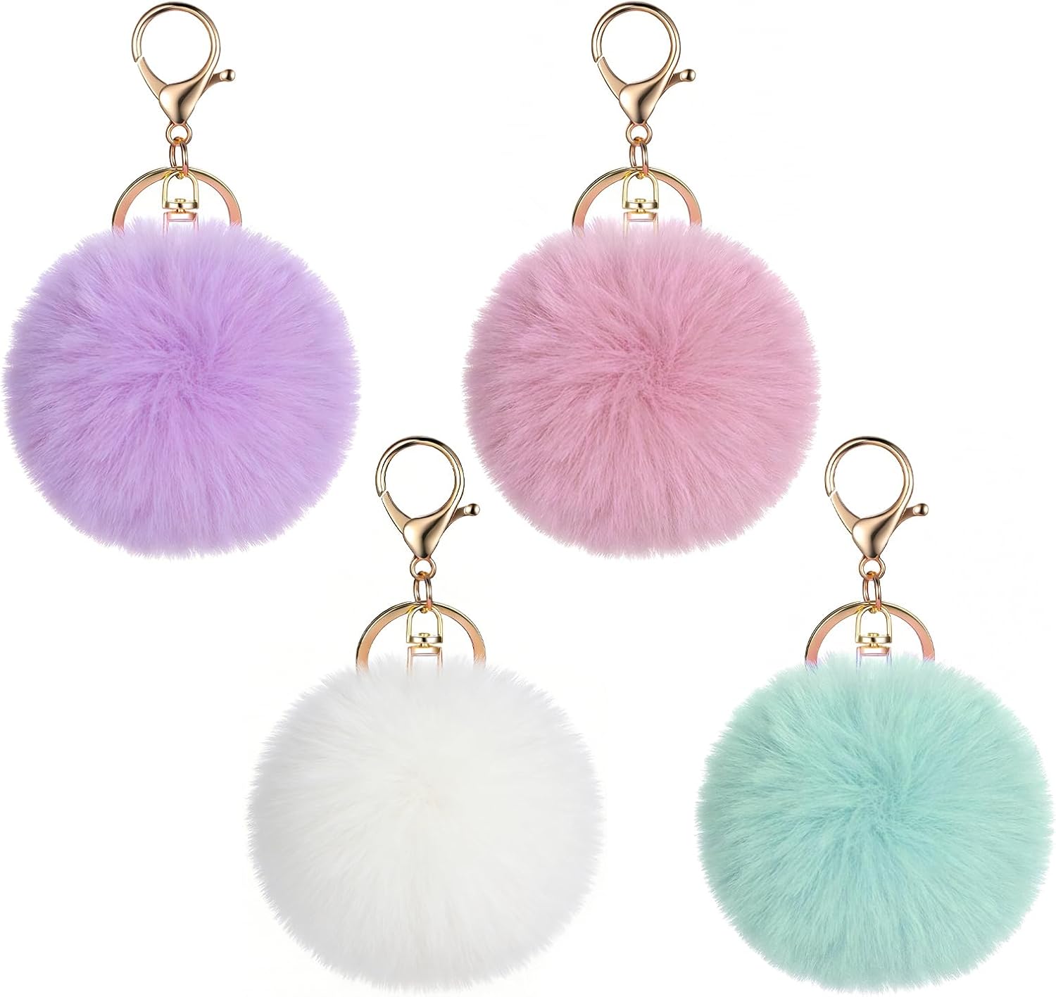 4 Pcs Pom Pom Keychains, Artificial Fur Ball Keychain Charms Ball Keyrings, Soft Fluffy Plush Tote Pendant Pompom Key Chains, Cute Colorful Car Bag Charm Purse Bag Accessories for Women 4 Colors