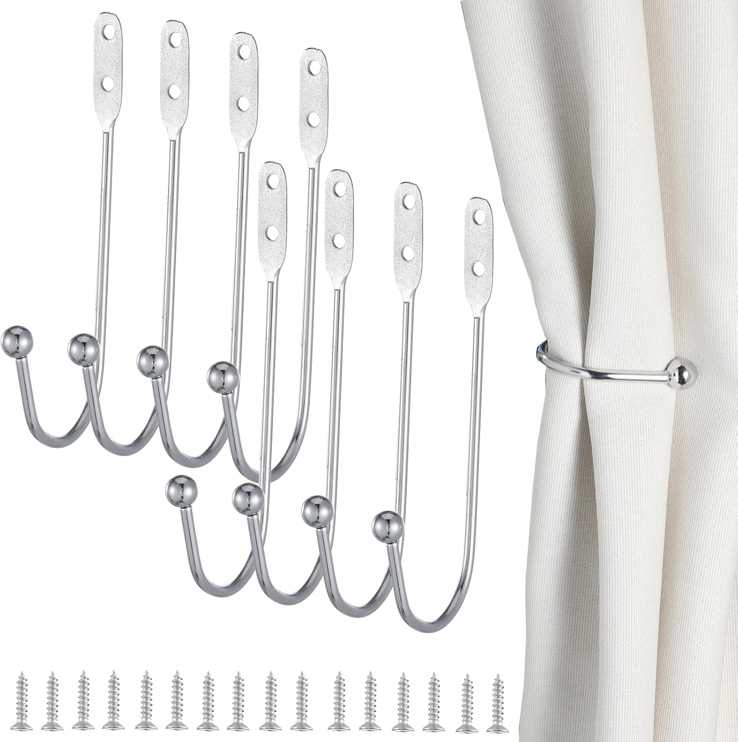 8 Pcs Metal Curtain Holdbacks, Curtain Tiebacks Wall Mounted Curtains Hooks Decorative Drapery Tie Backs Retro Window Hook with Screws for Drapes, Home Decor Silver