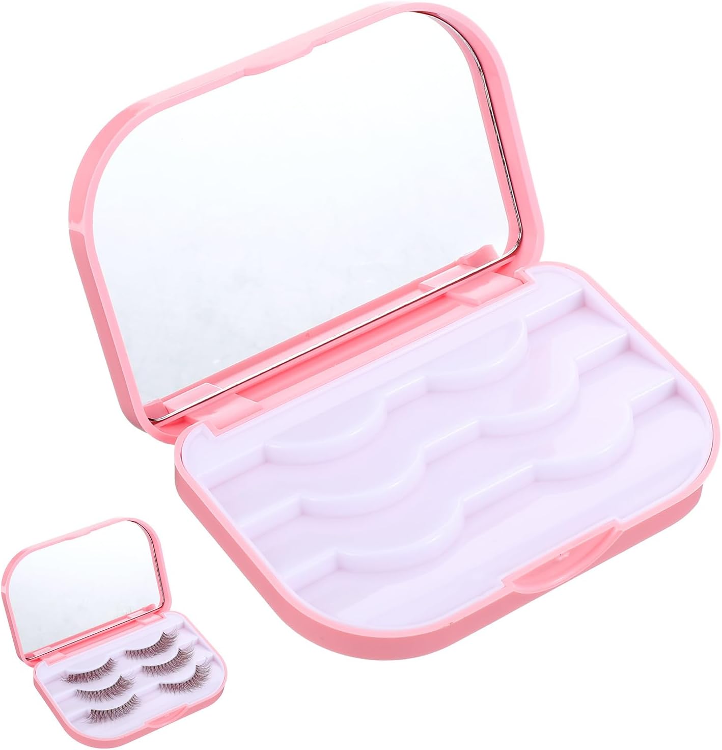 Eyelash Storage Case, 3 Layer Lash Case Makeup Storage Box with Makeup Mirror Empty Travel Cases Cosmetic Organizer Box Fake Eyelash Container Lash Packaging Pink
