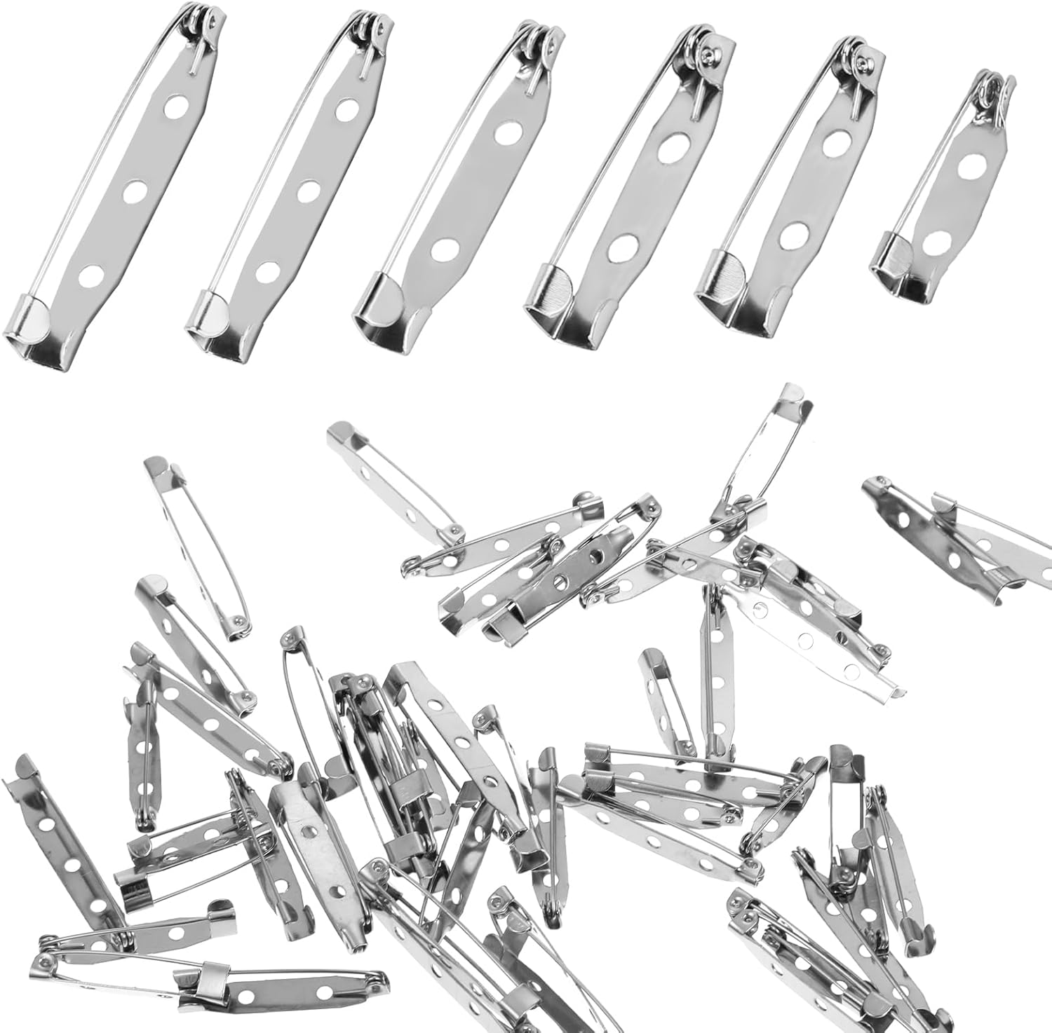 60 Pcs Brooch Pin Backs, 6 Sizes Metal Flat Back Safety Pins, Bar Pin Backings with Secure Locking Clasp for DIY Jewelry Making, Name Tags, Badges Craft Projects Silver Color